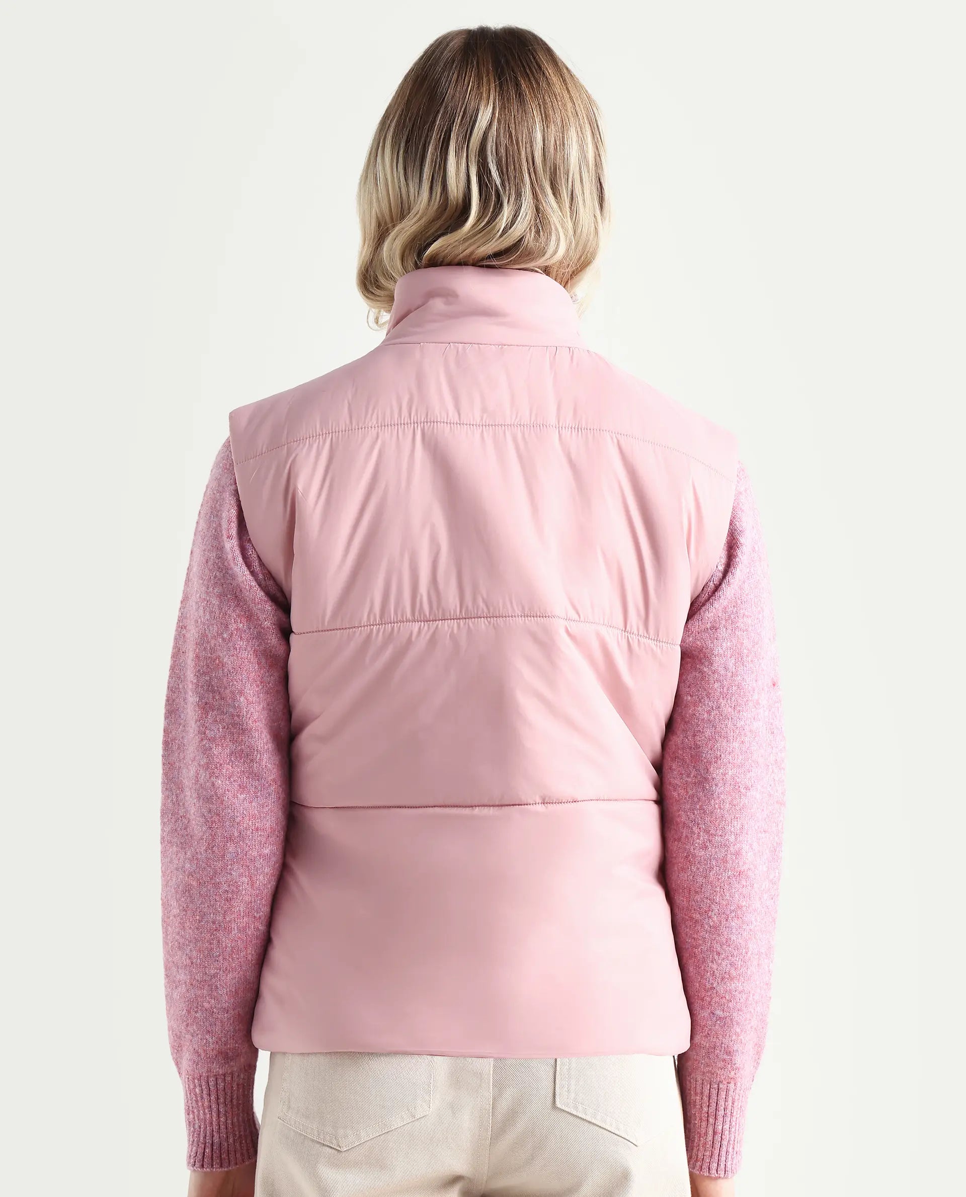 Rareism Women's Glasha Si Pink Polyester High Neck Plain Sleeveless Regular Fit Jacket