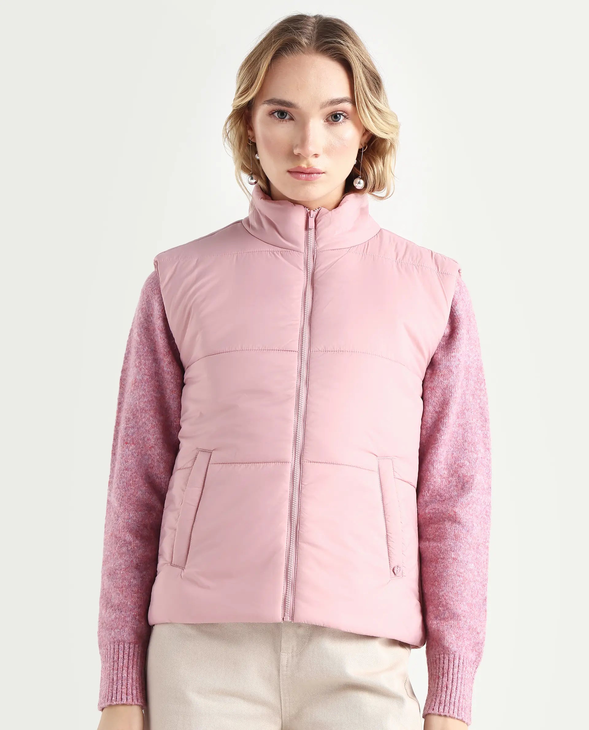 Rareism Women's Glasha Si Pink Polyester High Neck Plain Sleeveless Regular Fit Jacket