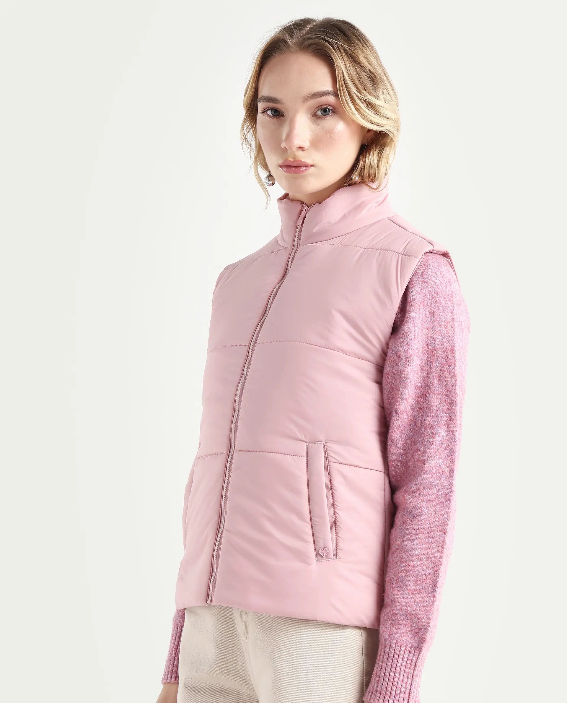 Rareism Women's Glasha Si Pink Polyester High Neck Plain Sleeveless Regular Fit Jacket