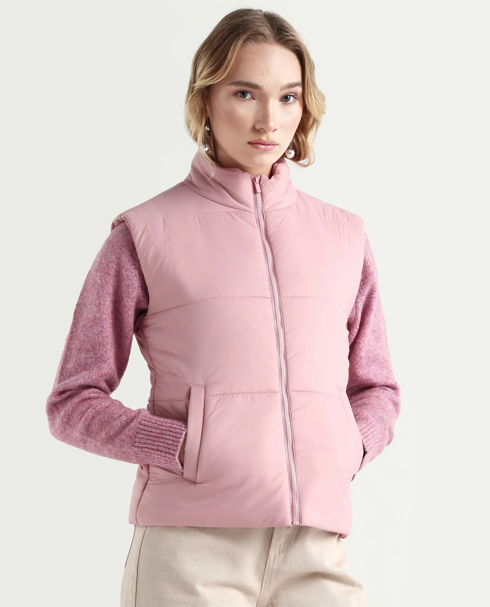 Rareism Women's Glasha Si Pink Polyester High Neck Plain Sleeveless Regular Fit Jacket