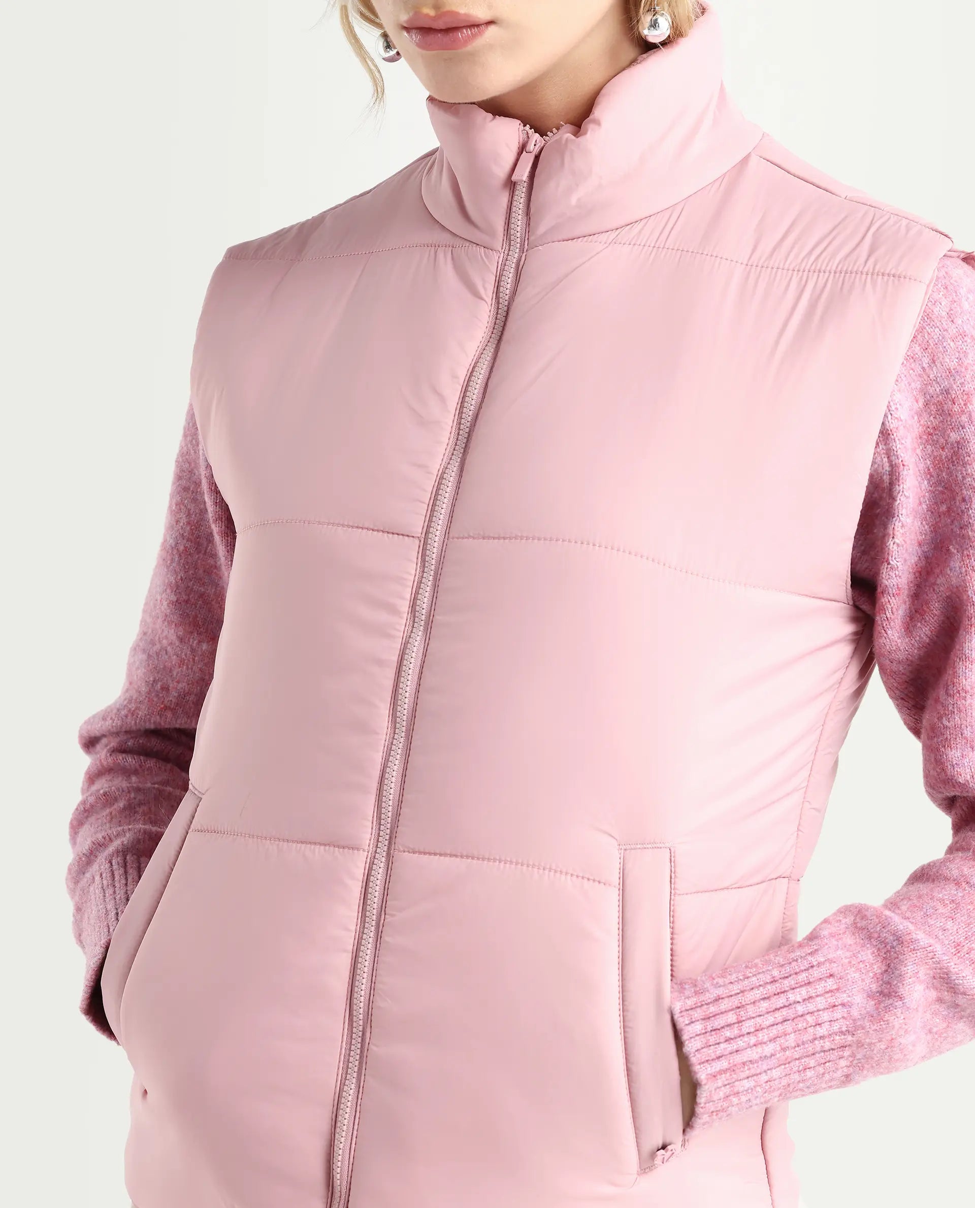 Rareism Women's Glasha Si Pink Polyester High Neck Plain Sleeveless Regular Fit Jacket