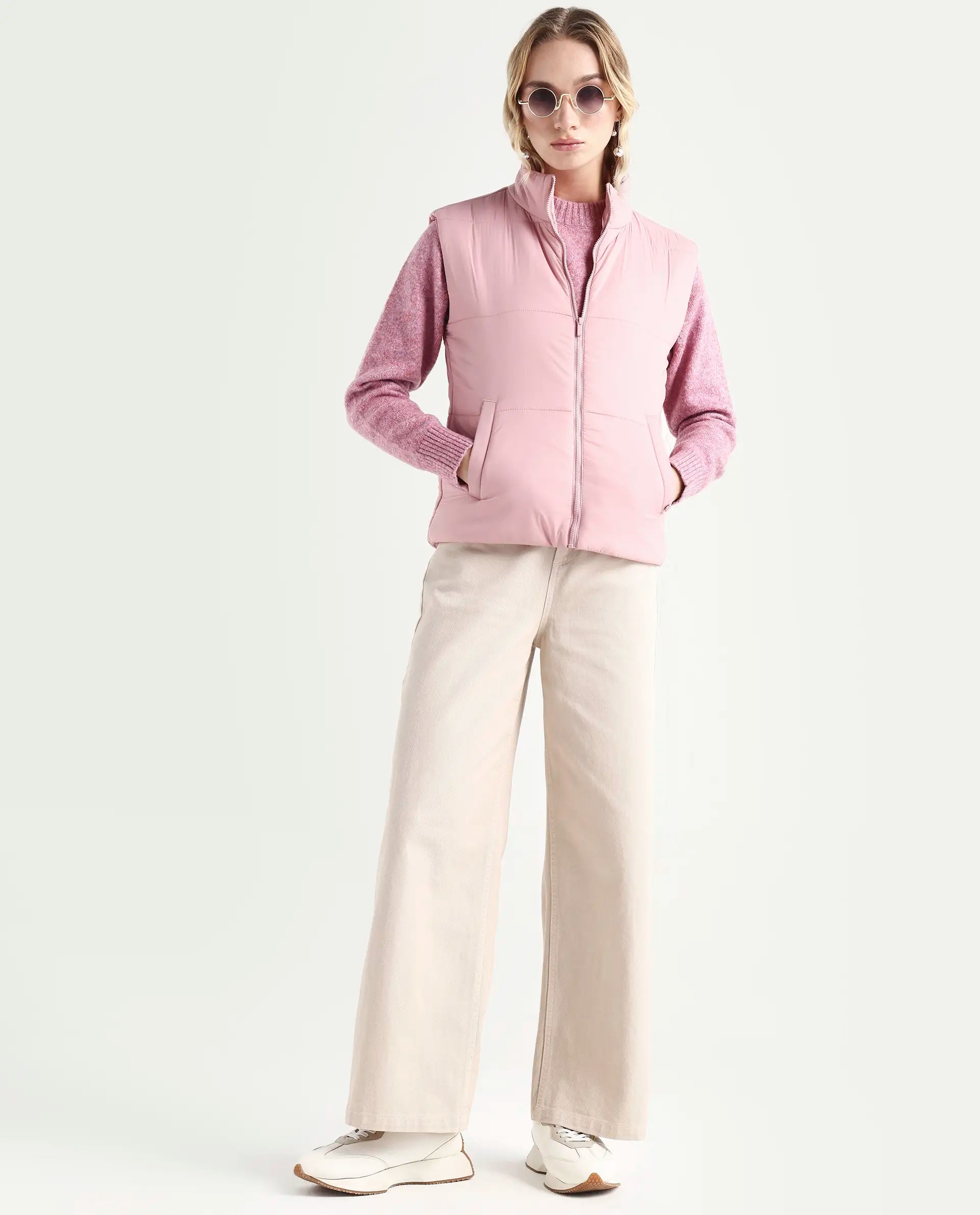 Rareism Women's Glasha Si Pink Polyester High Neck Plain Sleeveless Regular Fit Jacket