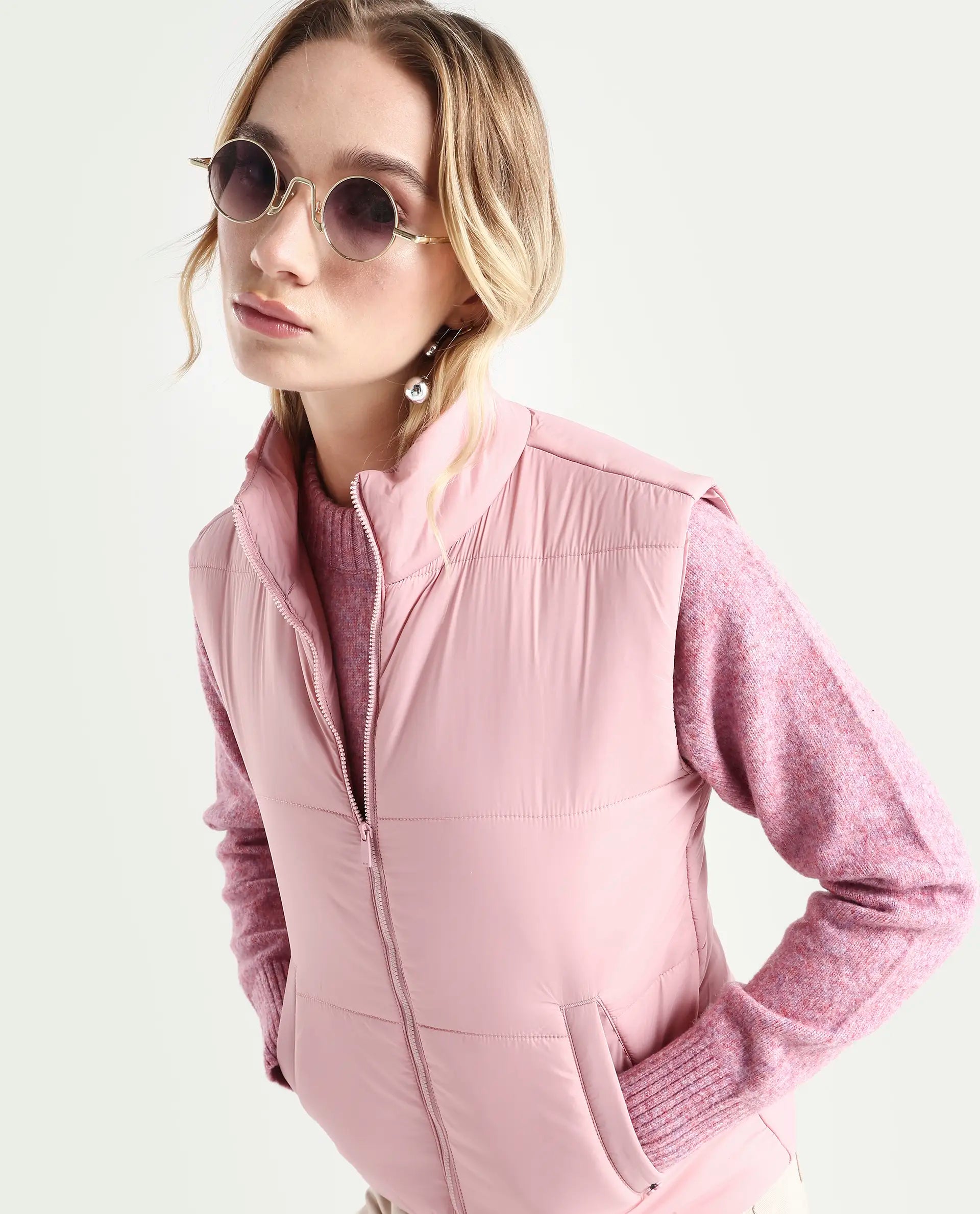 Rareism Women's Glasha Si Pink Polyester High Neck Plain Sleeveless Regular Fit Jacket