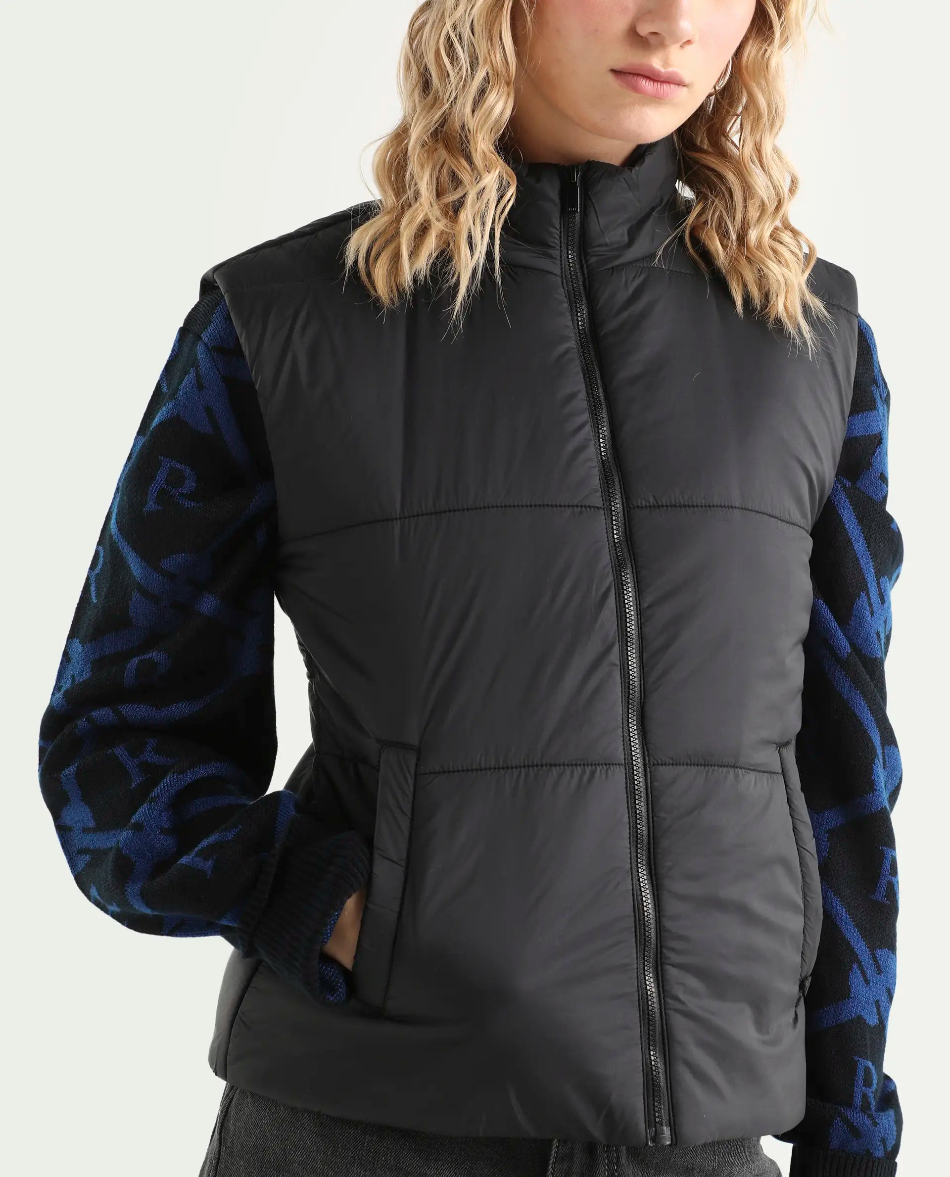 Rareism Women's Glasha Sl Black Polyester High Neck Plain Sleeveless Regular Fit Jacket