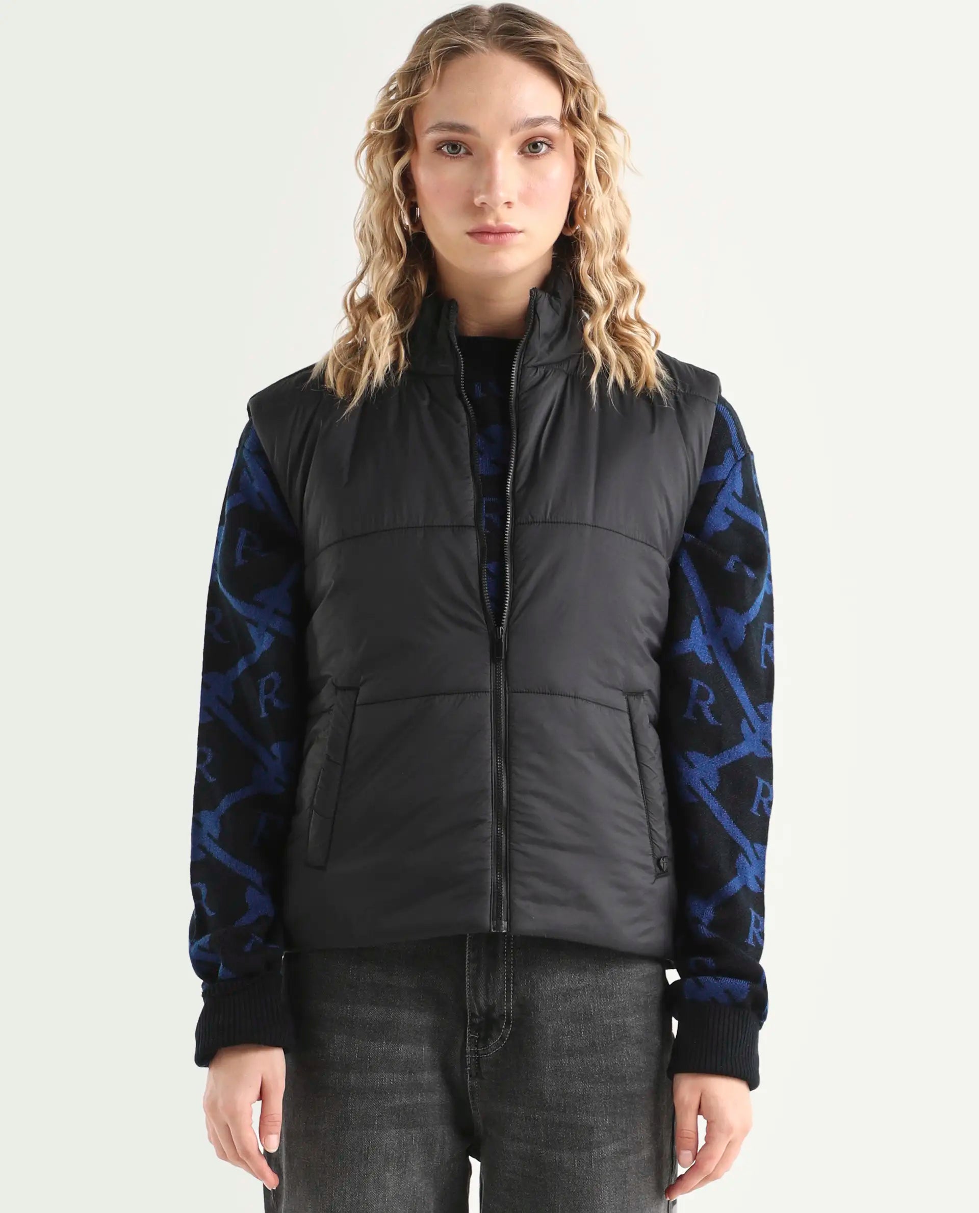 Rareism Women's Glasha Sl Black Polyester High Neck Plain Sleeveless Regular Fit Jacket