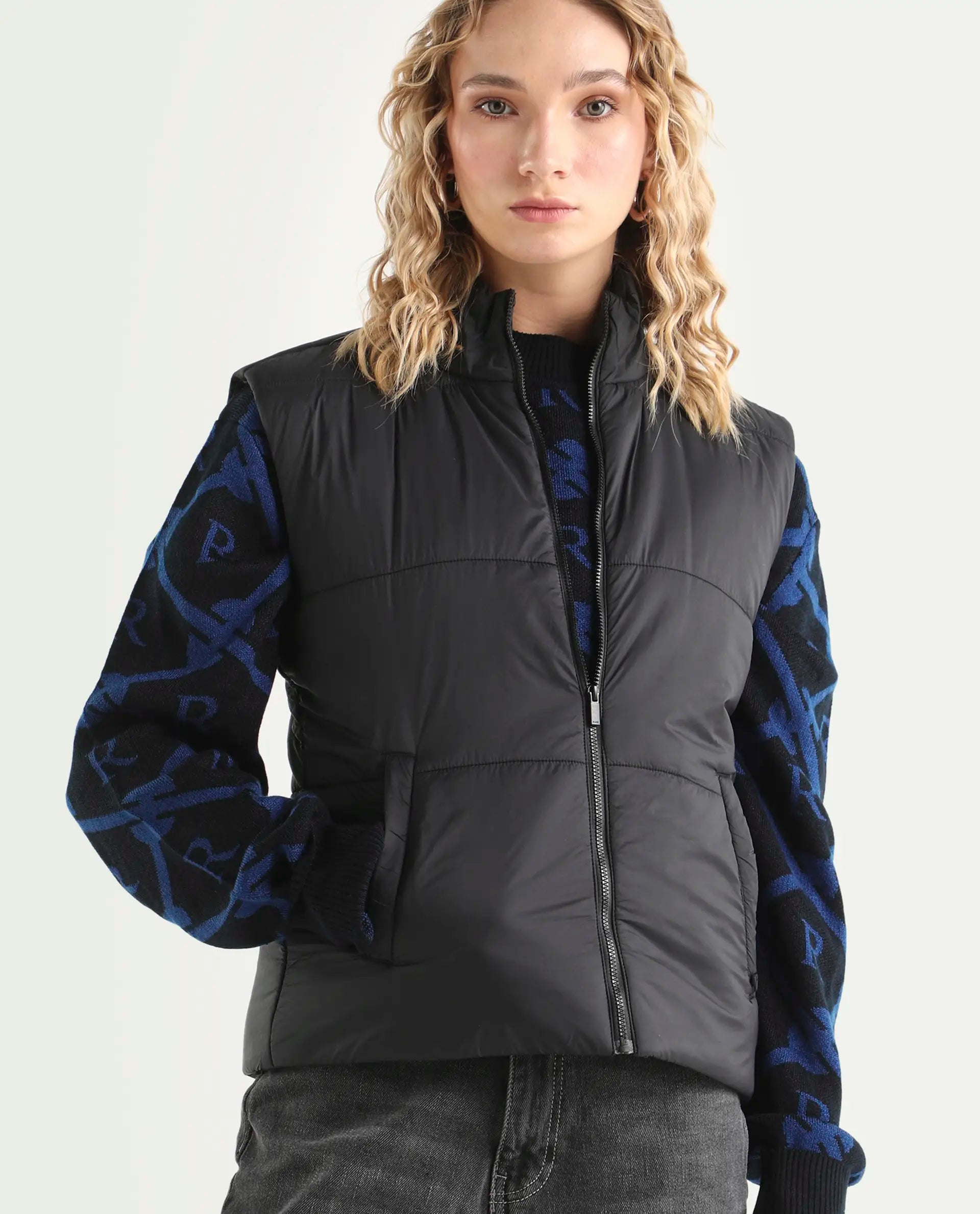 Rareism Women's Glasha Sl Black Polyester High Neck Plain Sleeveless Regular Fit Jacket