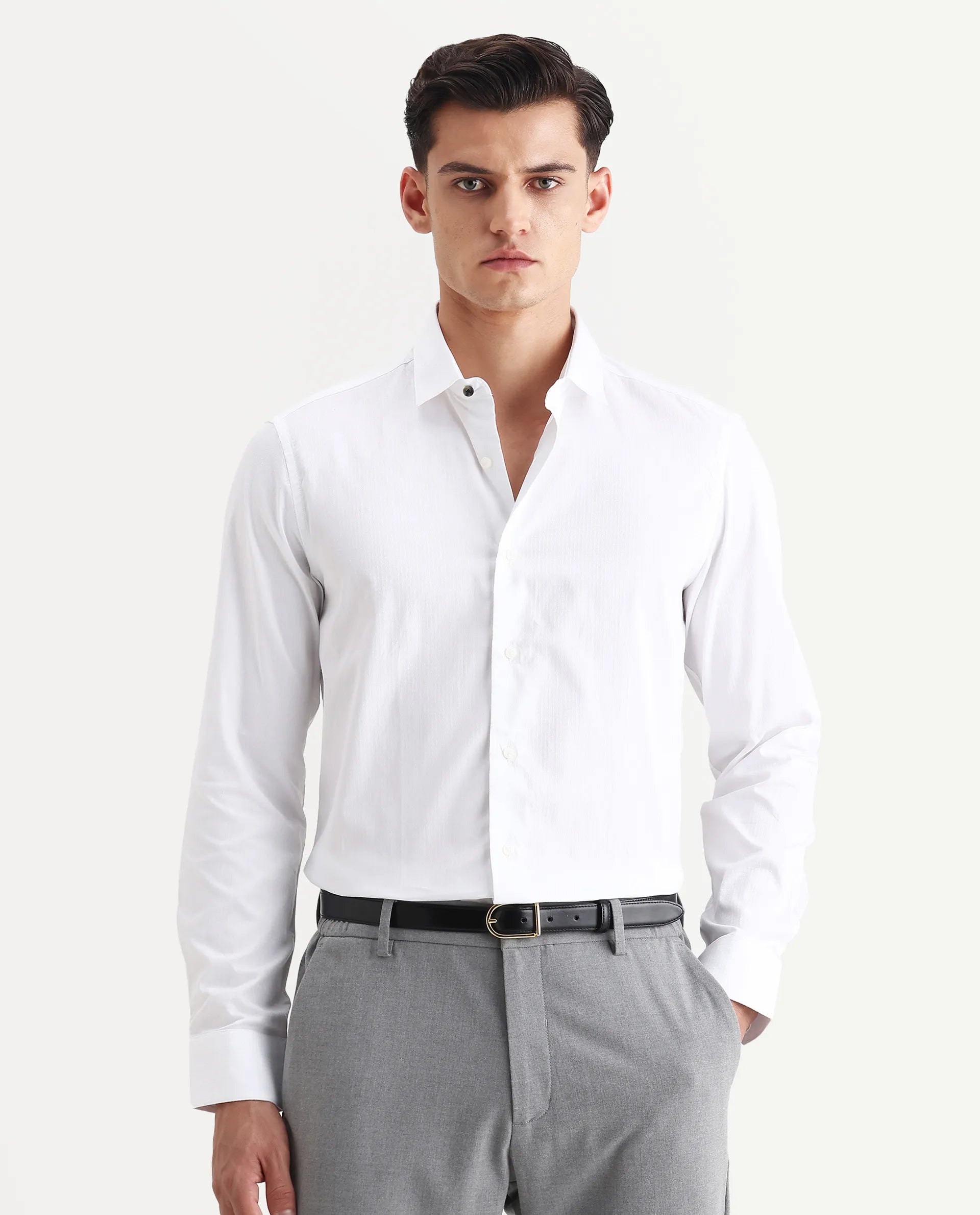 Rare Rabbit Men's Centi White Cotton Plain Regular Fit Full Sleeve Collared Shirt