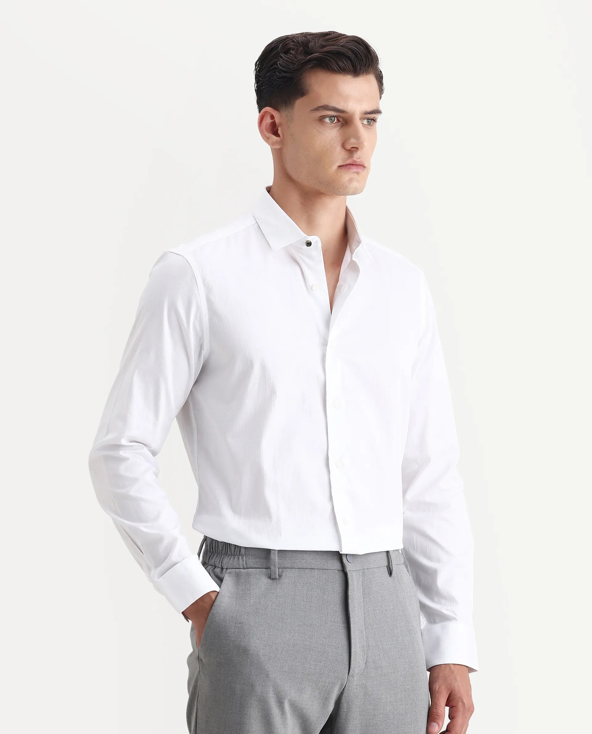 Rare Rabbit Men's Centi White Cotton Plain Regular Fit Full Sleeve Collared Shirt