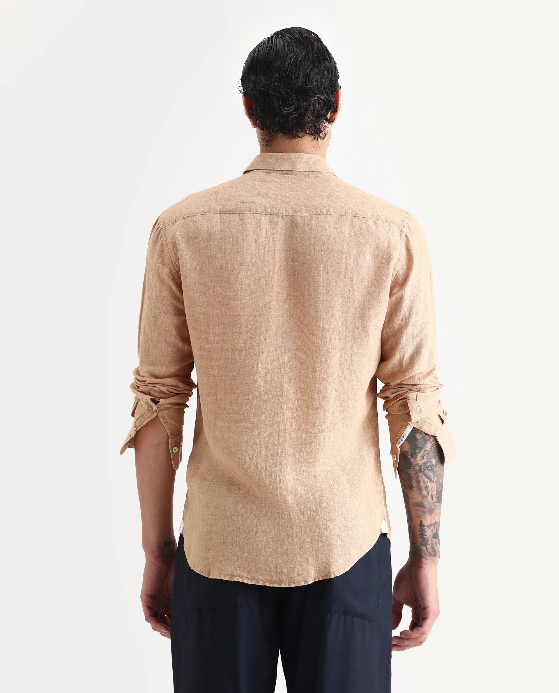 Rare Rabbit Men's Borium Beige 100% Linen Plain Regular Fit Full Sleeve Collared Shirt