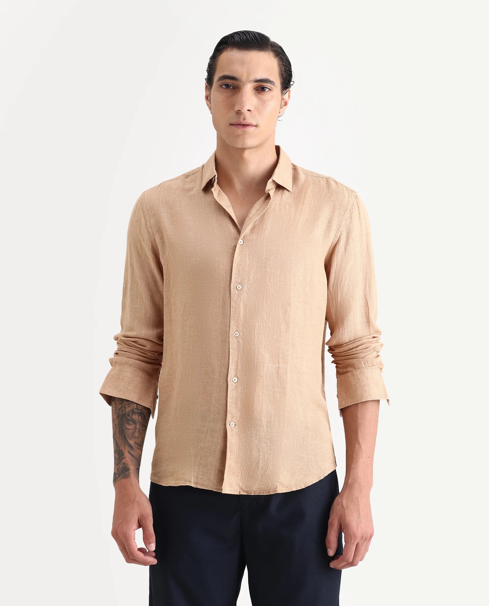 Rare Rabbit Men's Borium Beige 100% Linen Plain Regular Fit Full Sleeve Collared Shirt
