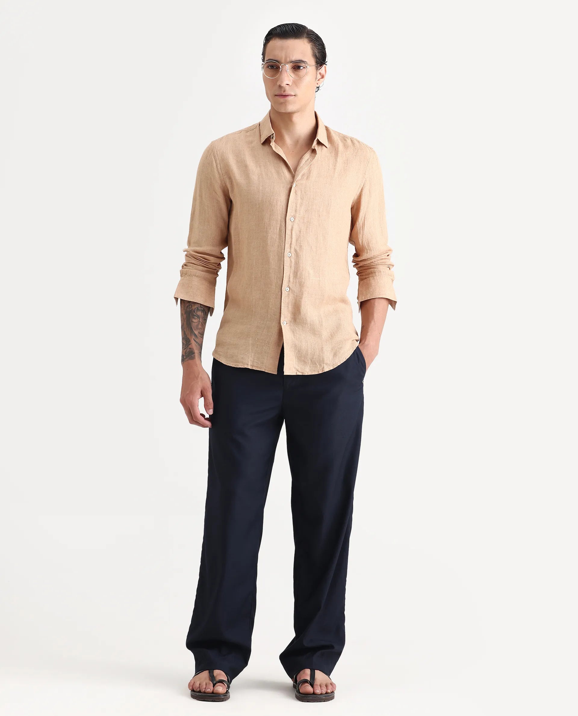 Rare Rabbit Men's Borium Beige 100% Linen Plain Regular Fit Full Sleeve Collared Shirt