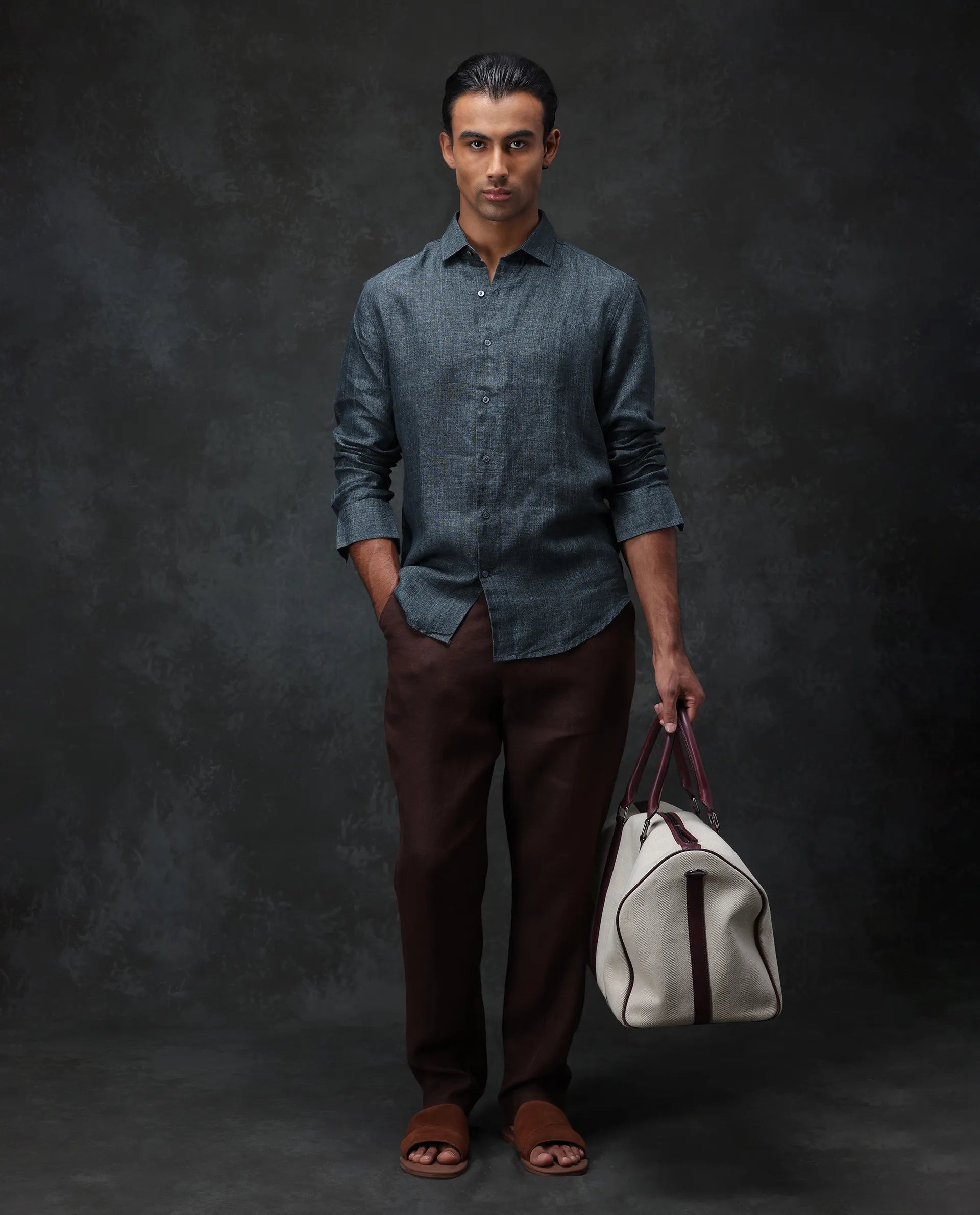 Rare Rabbit Men's Borium Green 100% Linen Plain Regular Fit Full Sleeve Collared Shirt