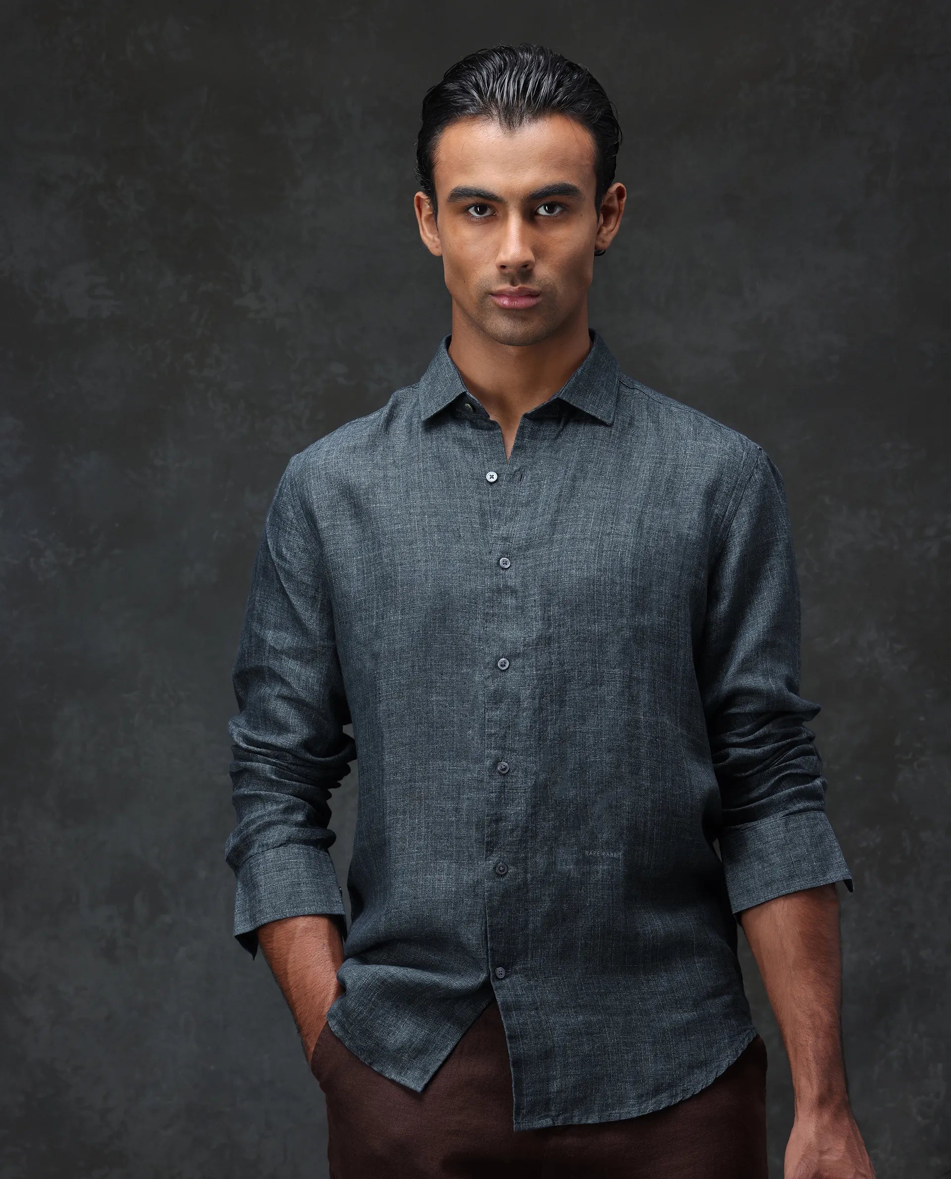 Rare Rabbit Men's Borium Green 100% Linen Plain Regular Fit Full Sleeve Collared Shirt