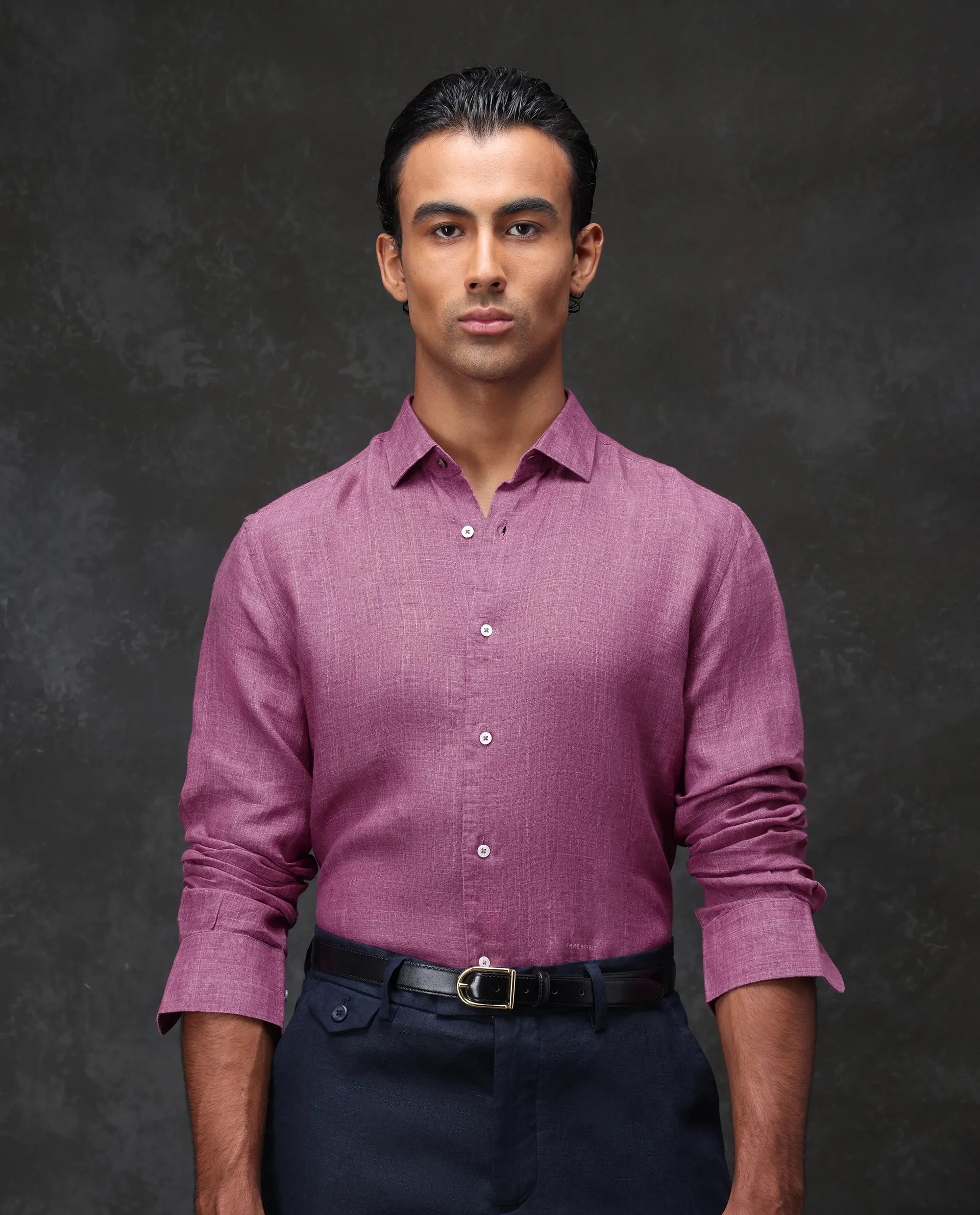 Rare Rabbit Men's Borium Dark Pink 100% Linen Plain Regular Fit Full Sleeve Collared Shirt