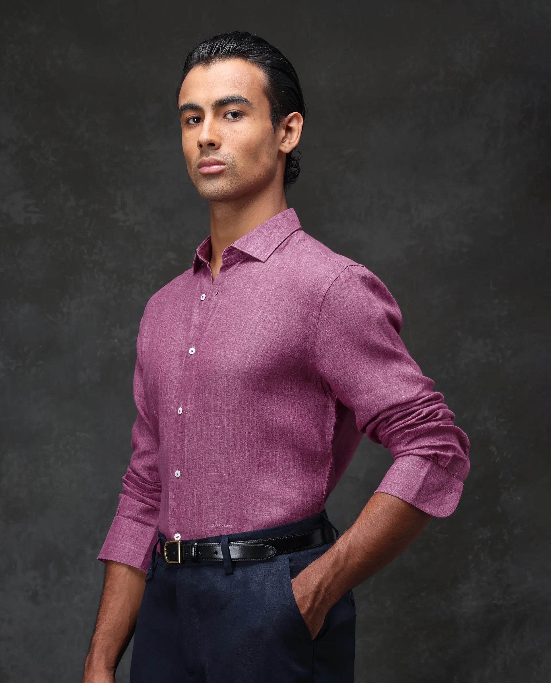 Rare Rabbit Men's Borium Dark Pink 100% Linen Plain Regular Fit Full Sleeve Collared Shirt