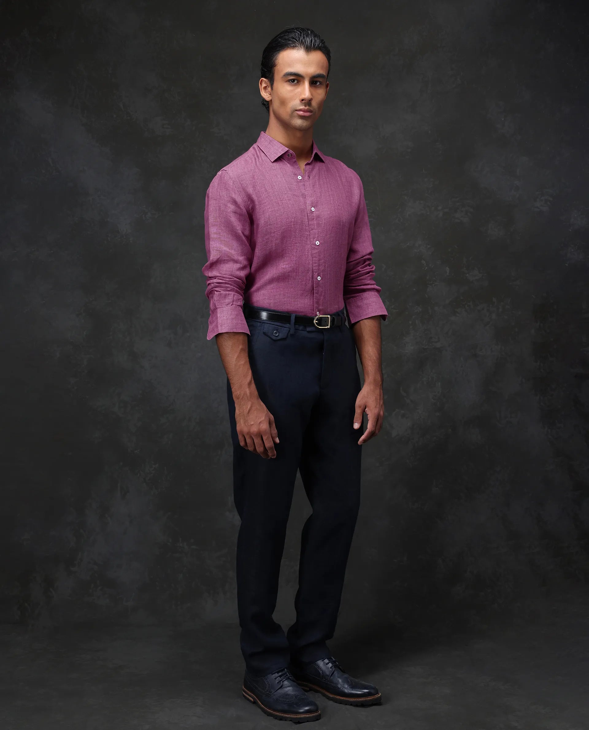 Rare Rabbit Men's Borium Dark Pink 100% Linen Plain Regular Fit Full Sleeve Collared Shirt