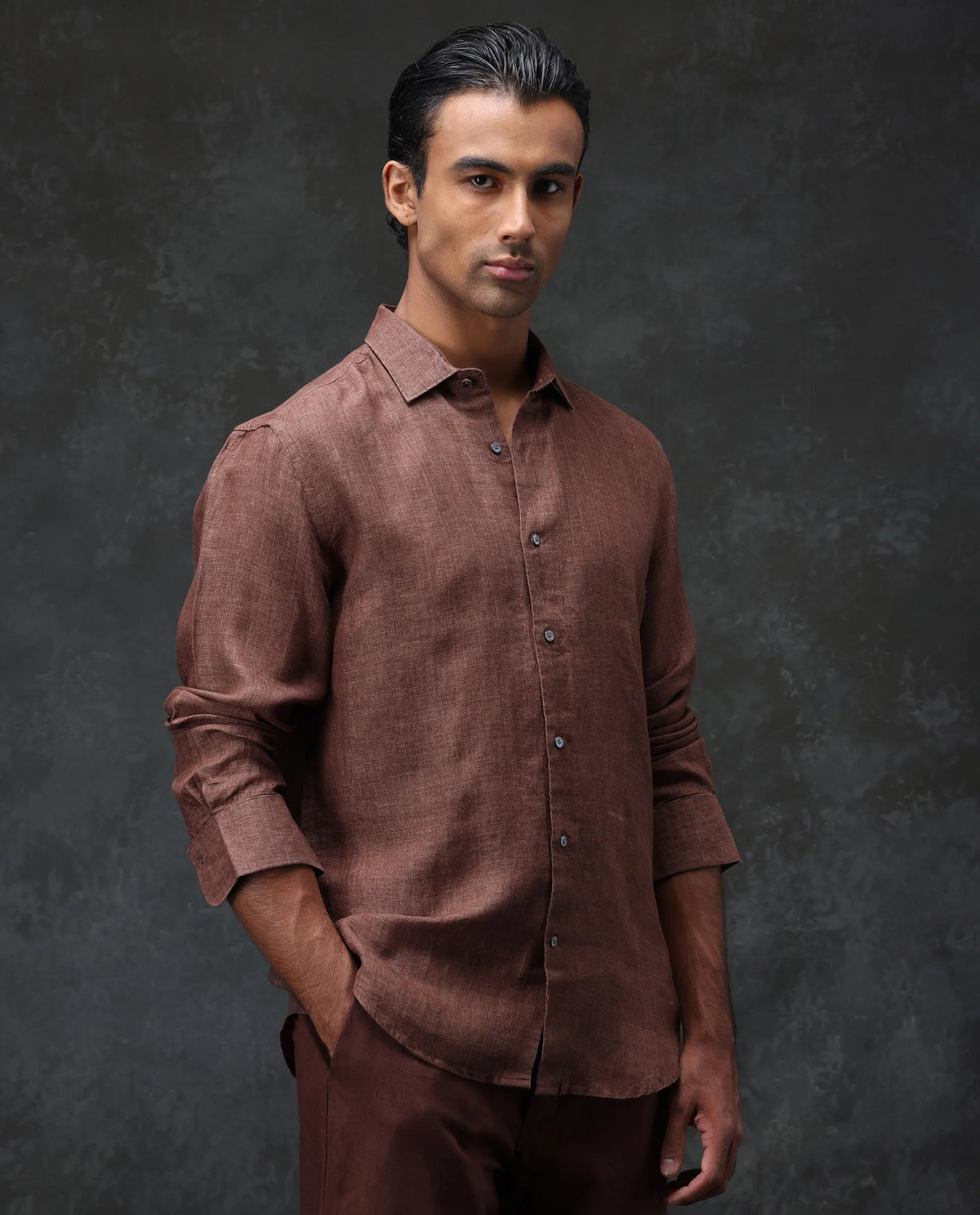Rare Rabbit Men's Borium Dark Brown 100% Linen Plain Regular Fit Full Sleeve Spread Collar Shirt