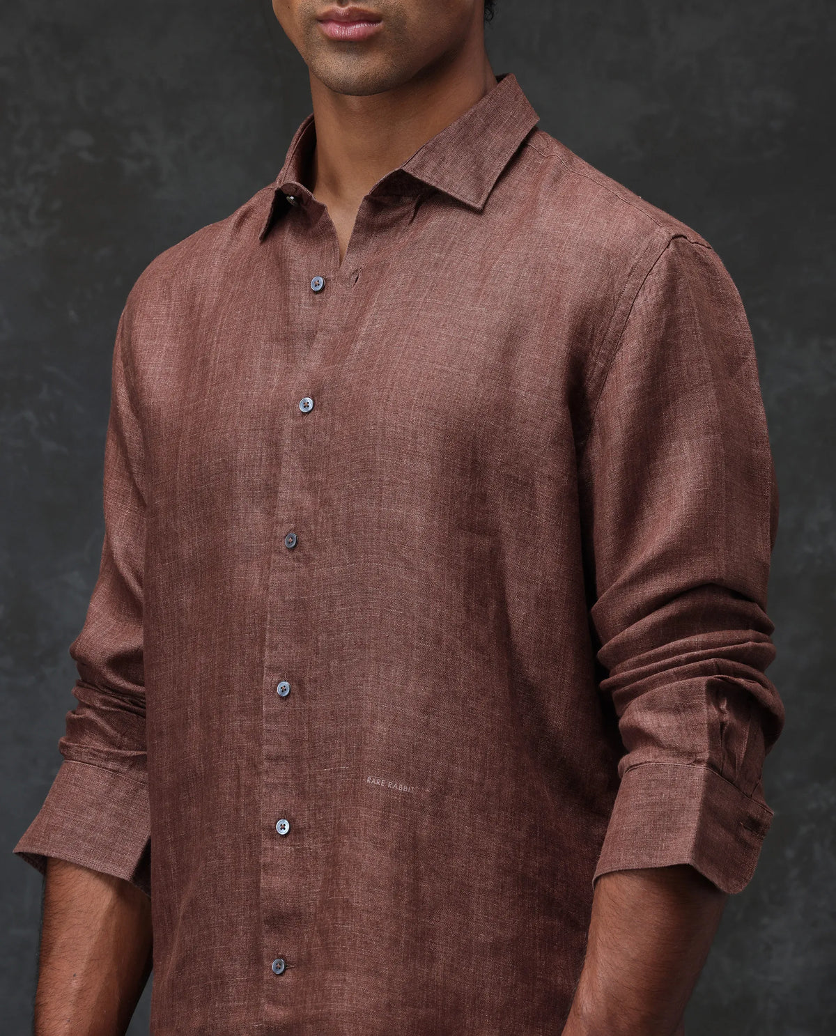 Rare Rabbit Men's Borium Dark Brown 100% Linen Plain Regular Fit Full Sleeve Spread Collar Shirt