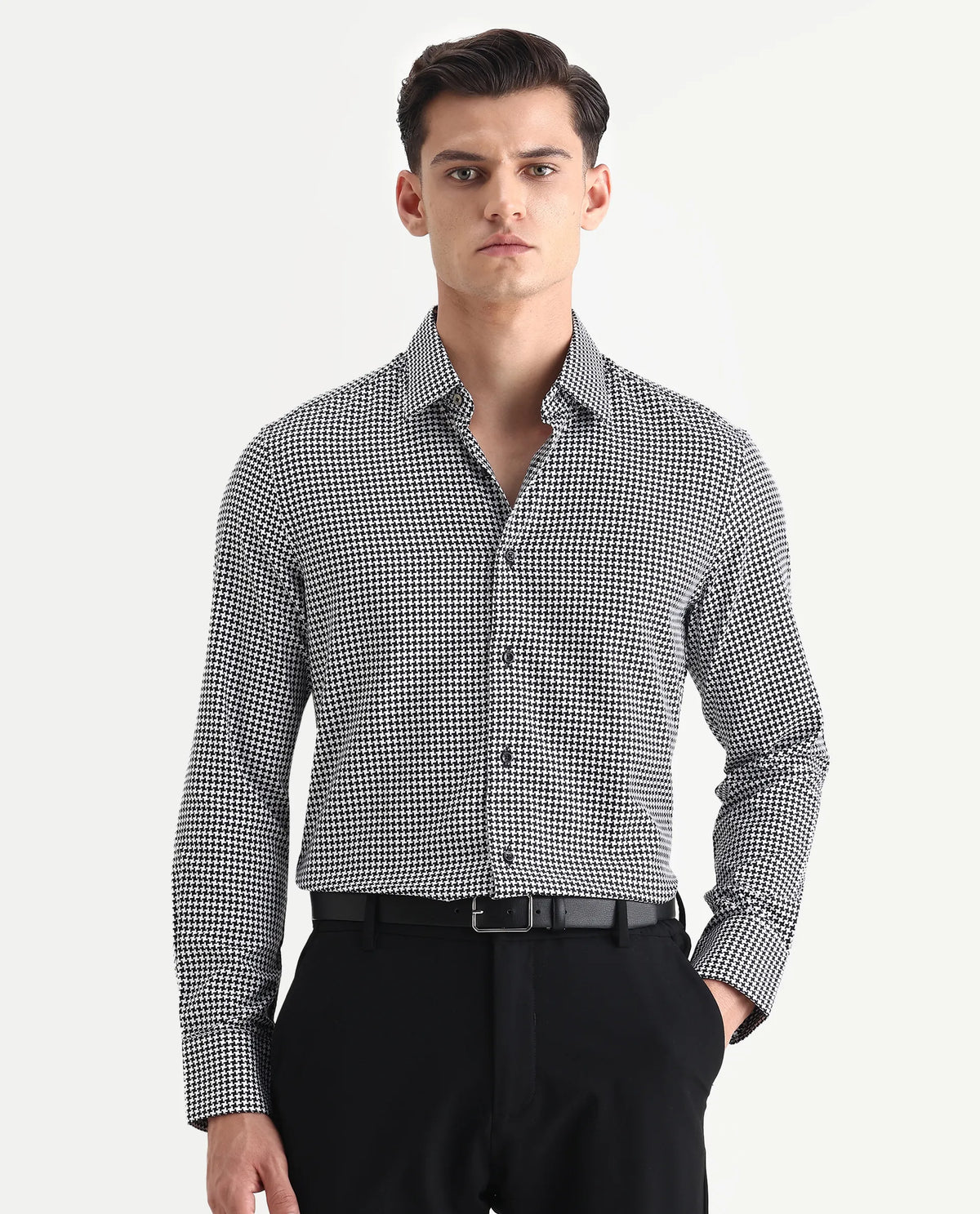 Rare Rabbit Men's Jader Black Cotton Checked Print Regular Fit Full Sleeve Collared Shirt