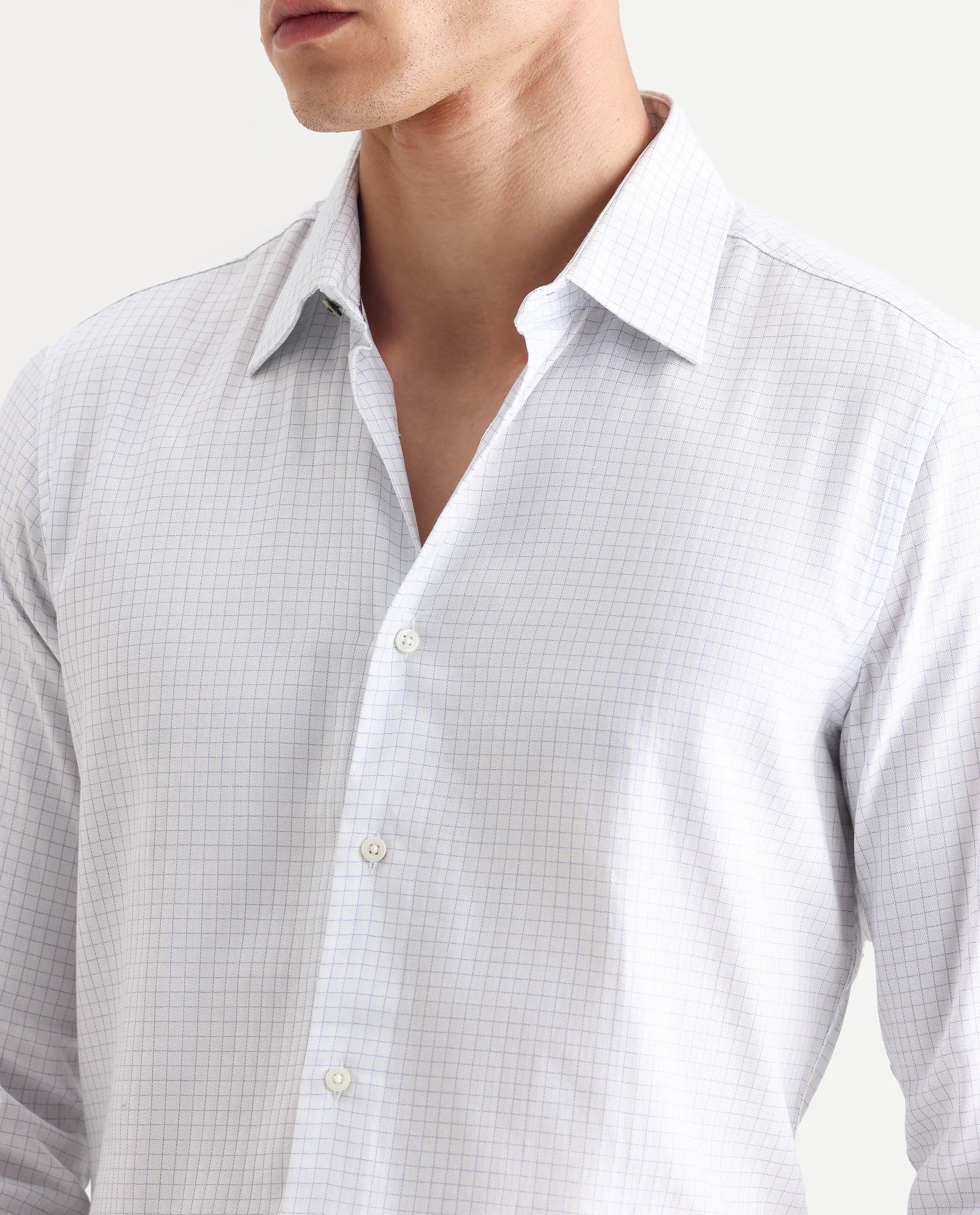 Rare Rabbit Men's Broad White Cotton Checked Print Regular Fit Full Sleeve Collared Shirt