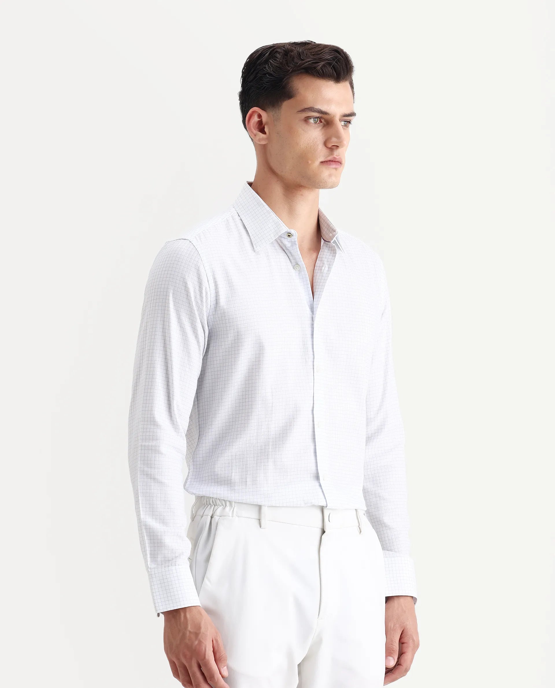 Rare Rabbit Men's Broad White Cotton Checked Print Regular Fit Full Sleeve Collared Shirt