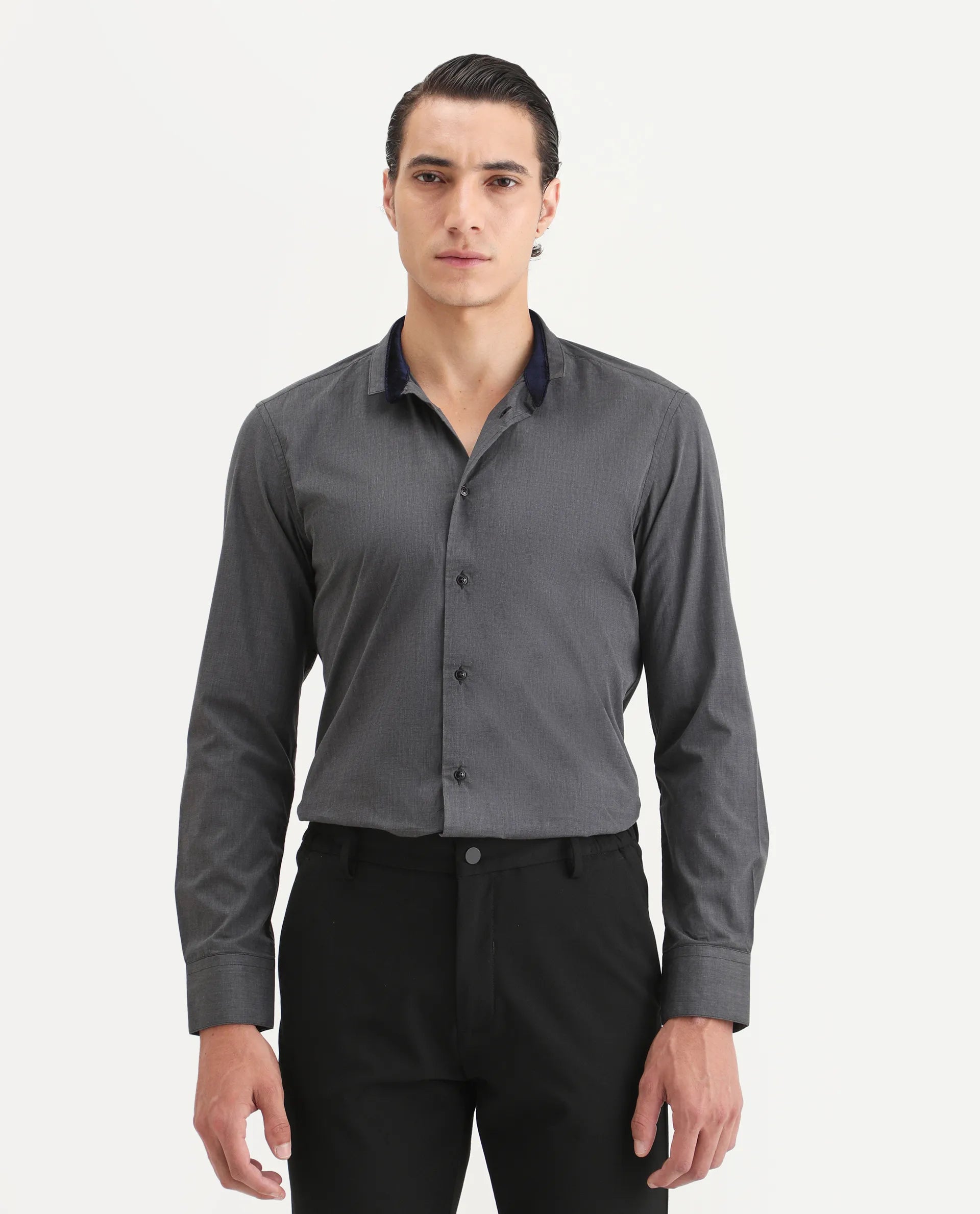 Rare Rabbit Men's Fritz Black Cotton Plain Regular Fit Full Sleeve Mandarin Collar Shirt