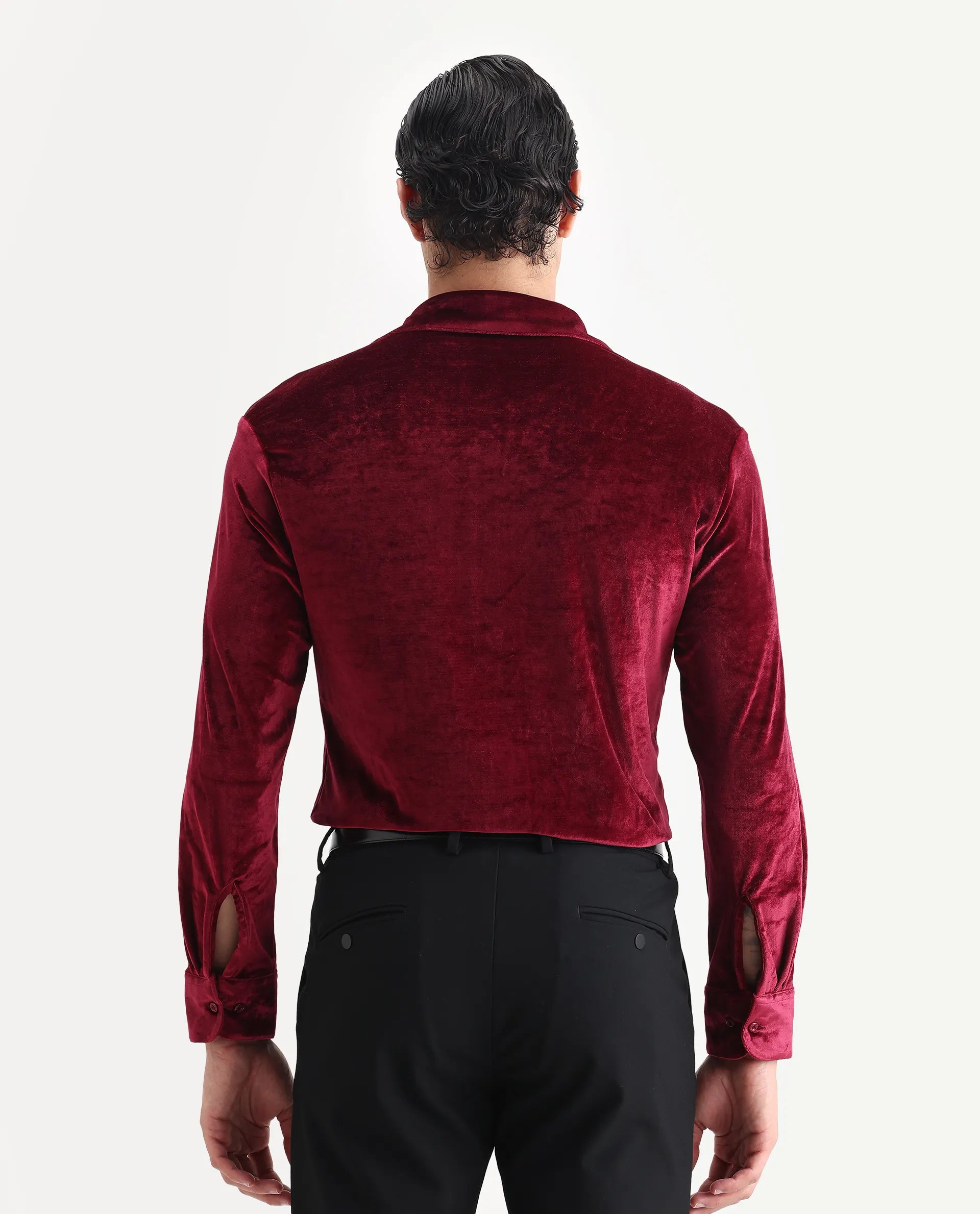 Rare Rabbit Men's Valve Maroon Velvet Plain Regular Fit Full Sleeve Collared Shirt