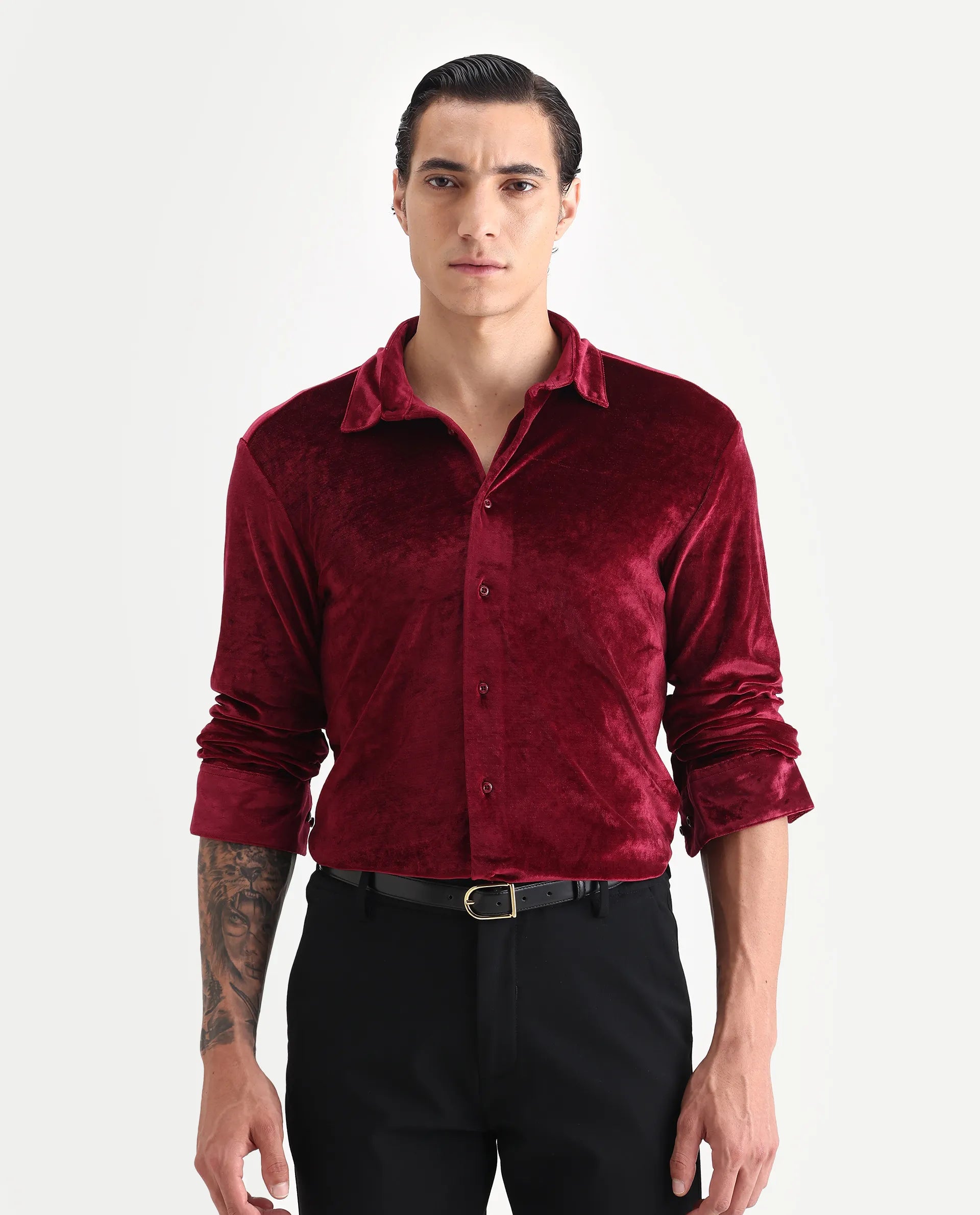 Rare Rabbit Men's Valve Maroon Velvet Plain Regular Fit Full Sleeve Collared Shirt