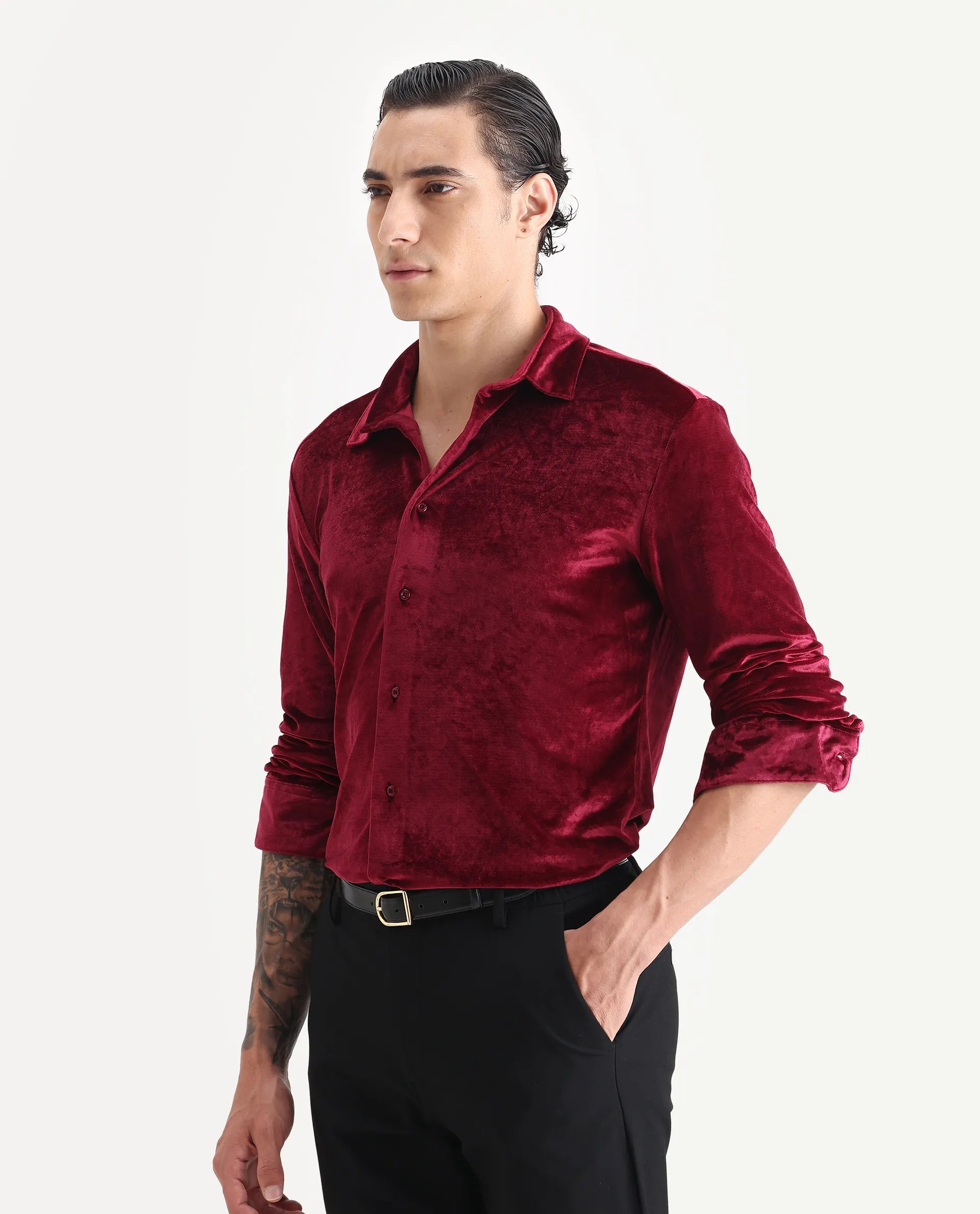 Rare Rabbit Men's Valve Maroon Velvet Plain Regular Fit Full Sleeve Collared Shirt