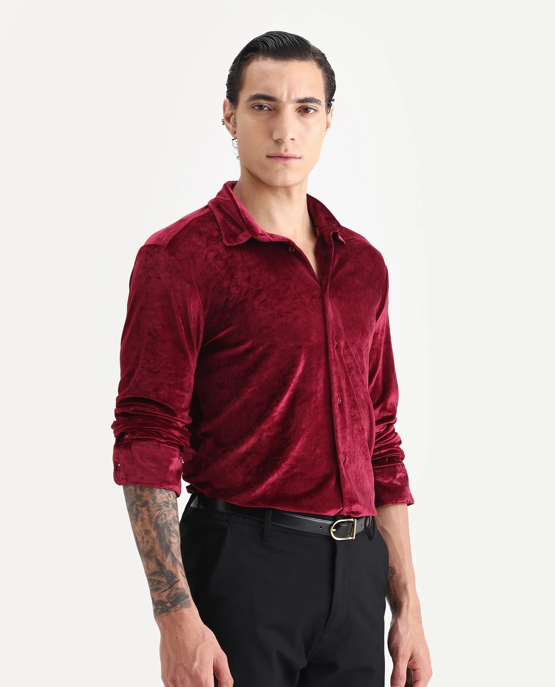 Rare Rabbit Men's Valve Maroon Velvet Plain Regular Fit Full Sleeve Collared Shirt