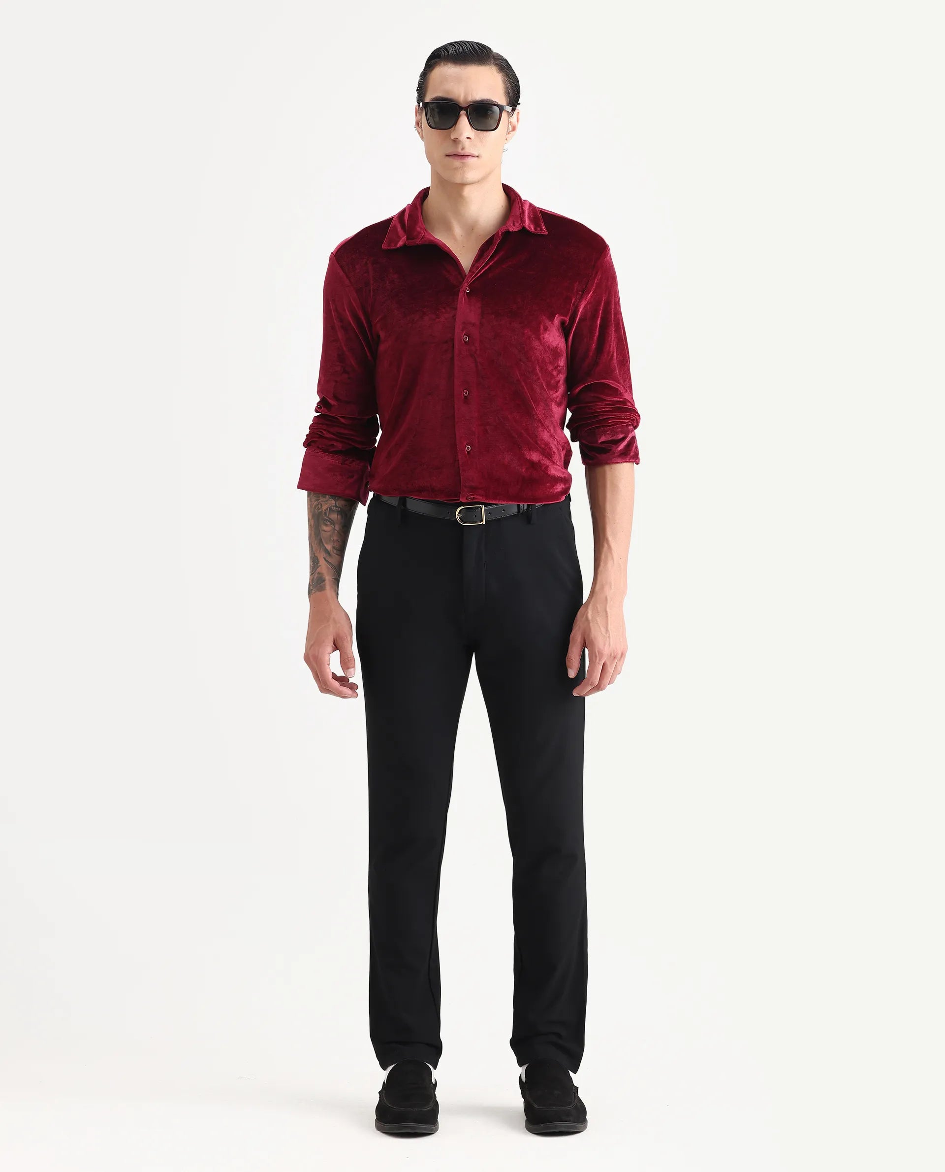 Rare Rabbit Men's Valve Maroon Velvet Plain Regular Fit Full Sleeve Collared Shirt