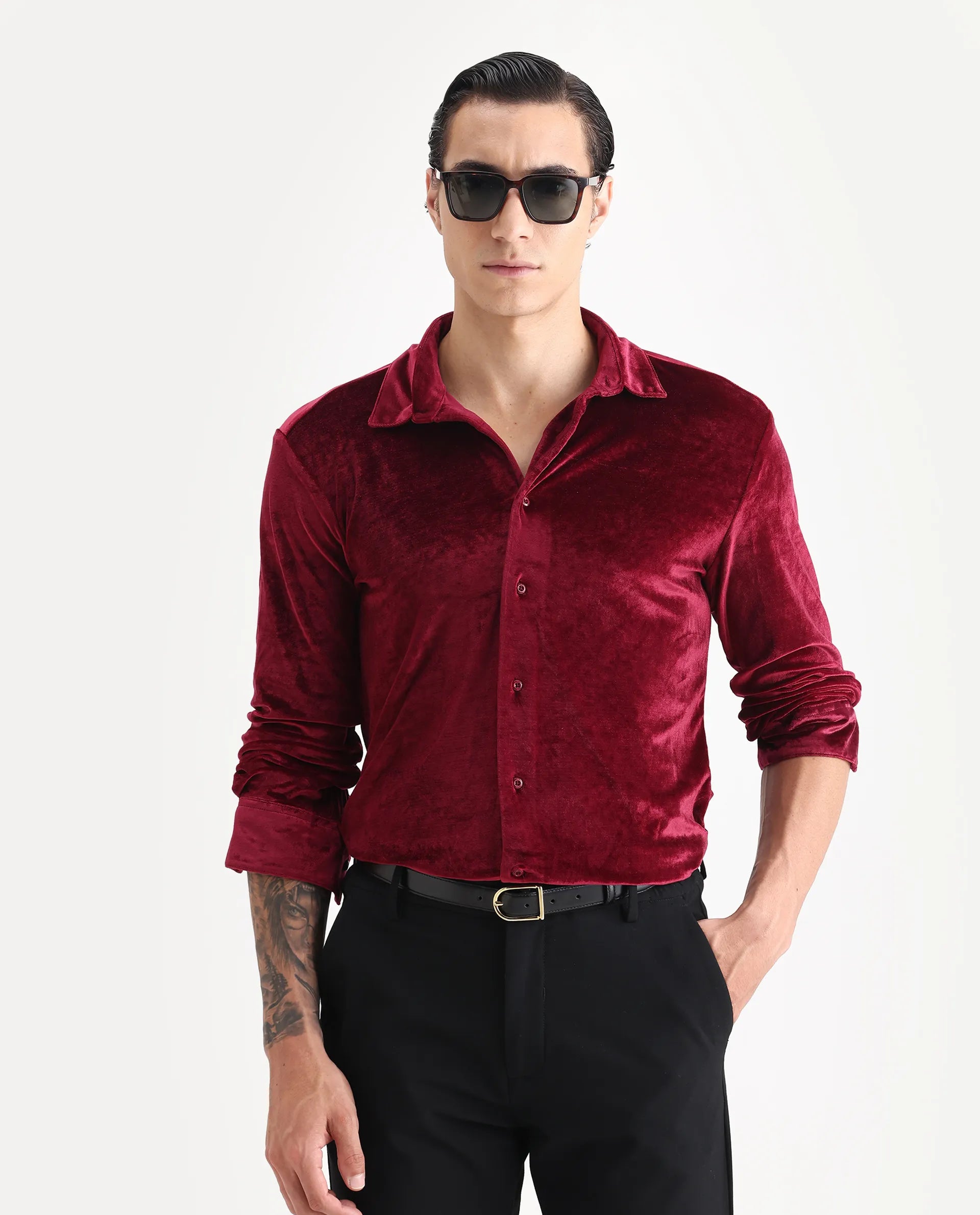 Rare Rabbit Men's Valve Maroon Velvet Plain Regular Fit Full Sleeve Collared Shirt