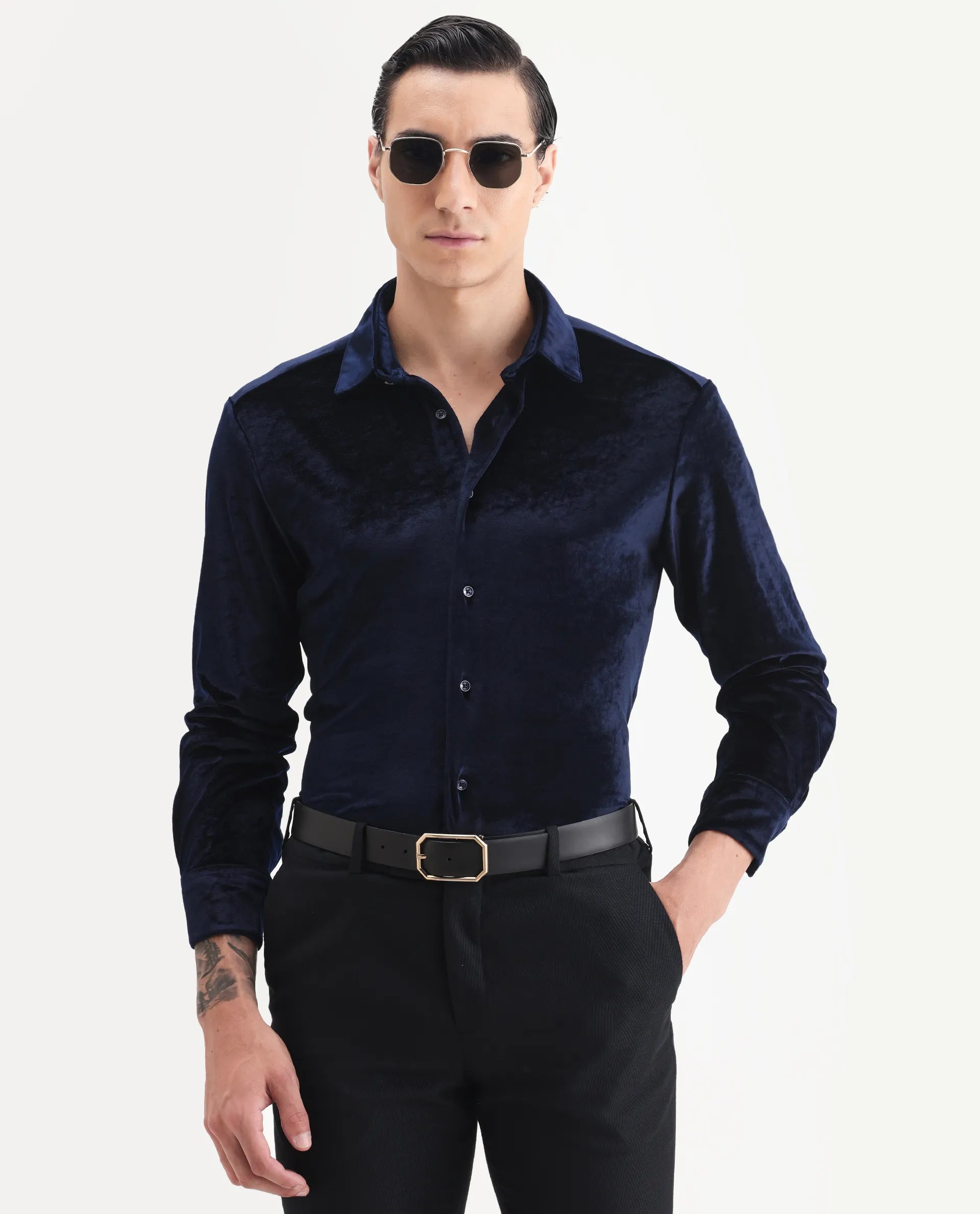 Rare Rabbit Men's Valve Navy Velvet Plain Regular Fit Full Sleeve Collared Shirt
