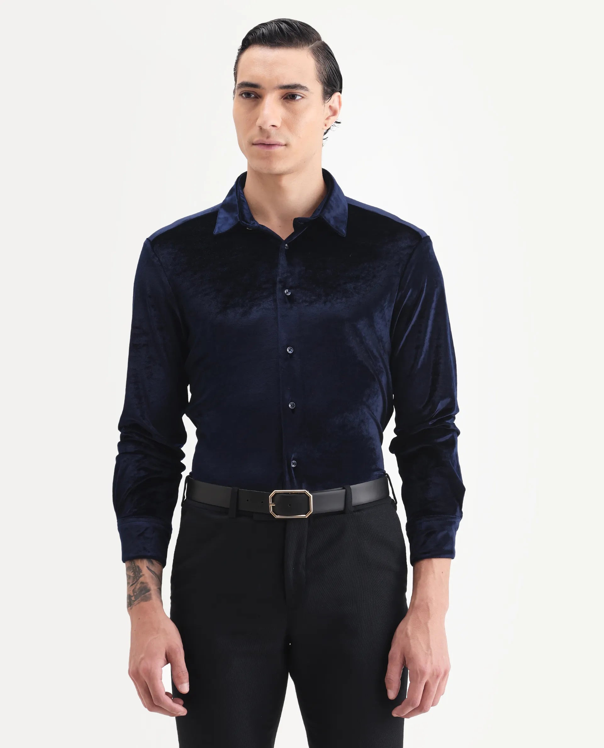 Rare Rabbit Men's Valve Navy Velvet Plain Regular Fit Full Sleeve Collared Shirt