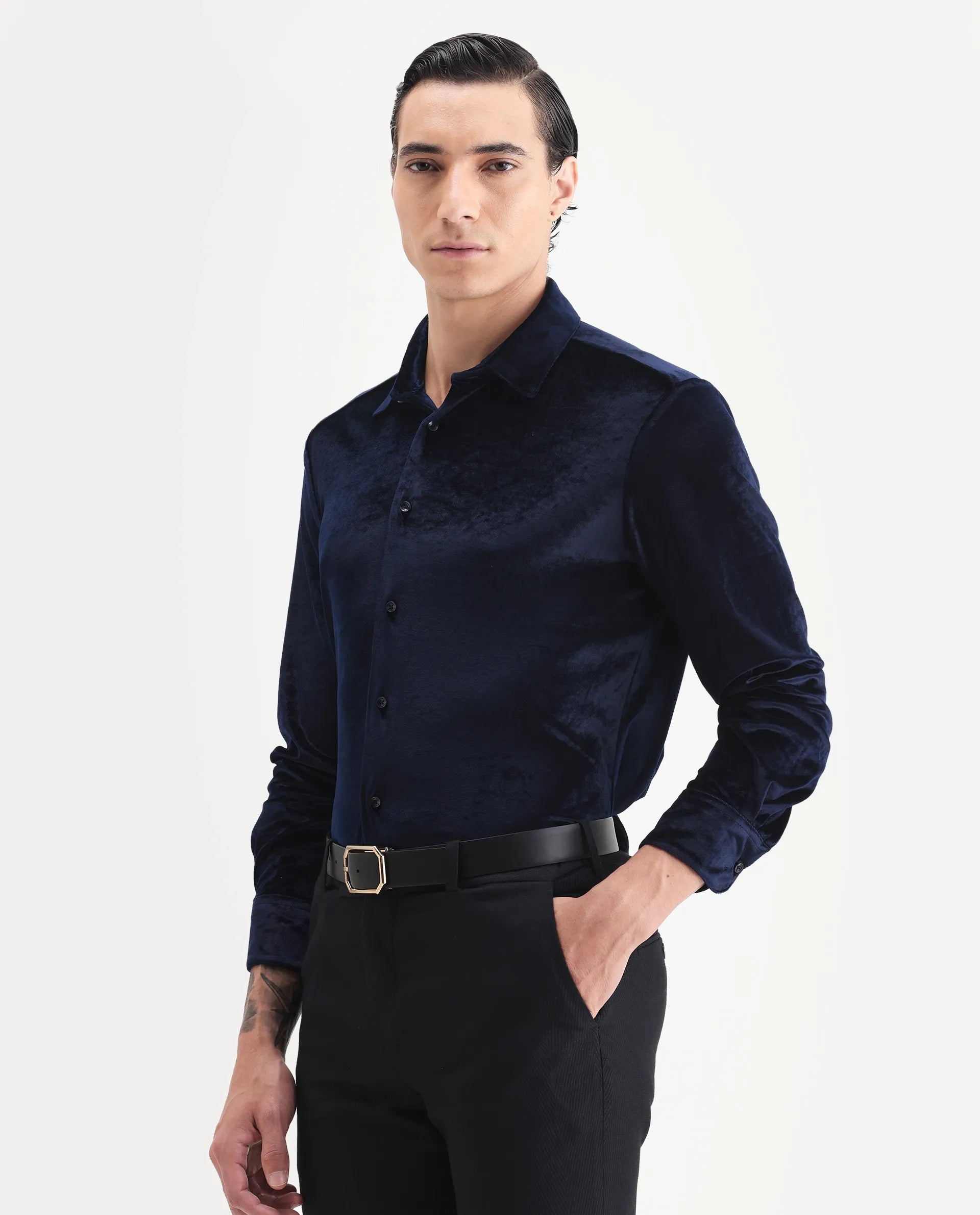 Rare Rabbit Men's Valve Navy Velvet Plain Regular Fit Full Sleeve Collared Shirt