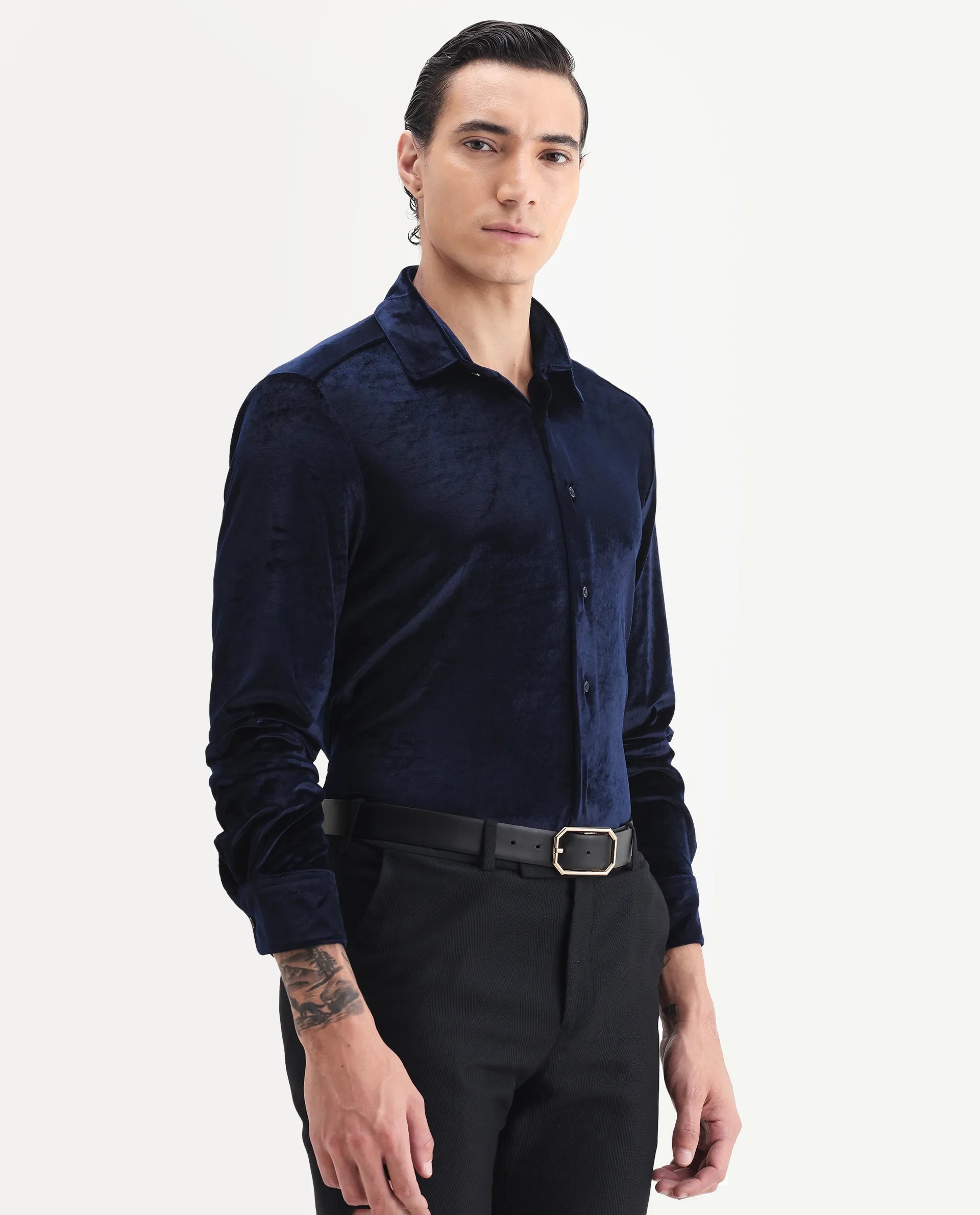 Rare Rabbit Men's Valve Navy Velvet Plain Regular Fit Full Sleeve Collared Shirt
