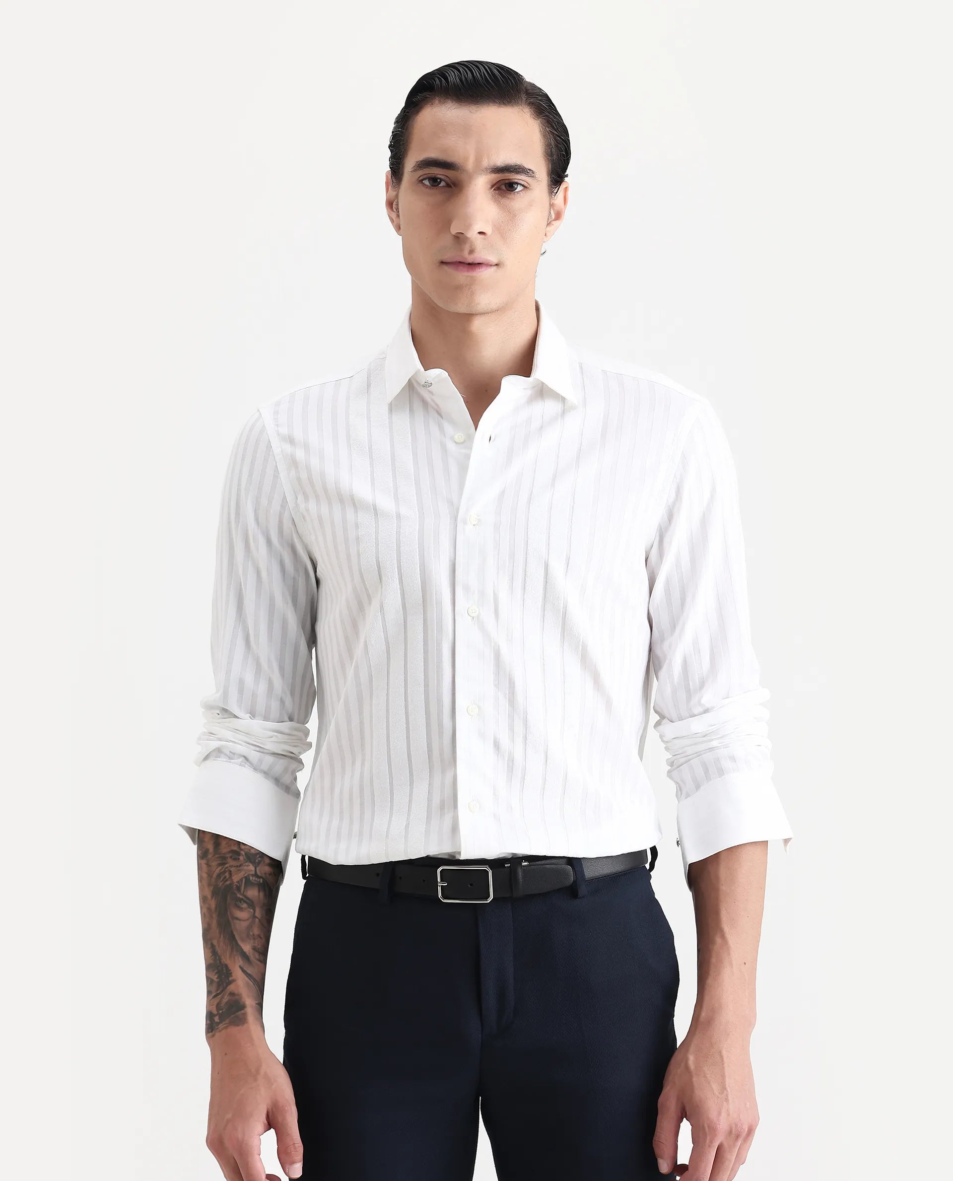 Rare Rabbit Men's Marlin White Cotton Striped Print Regular Fit Full Sleeve Collared Shirt