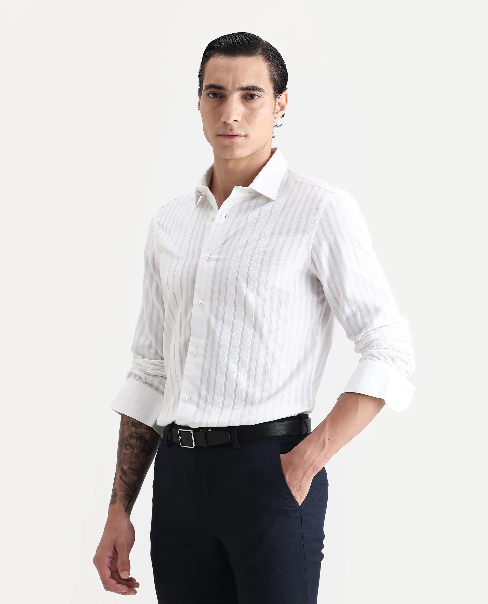 Rare Rabbit Men's Marlin White Cotton Striped Print Regular Fit Full Sleeve Collared Shirt