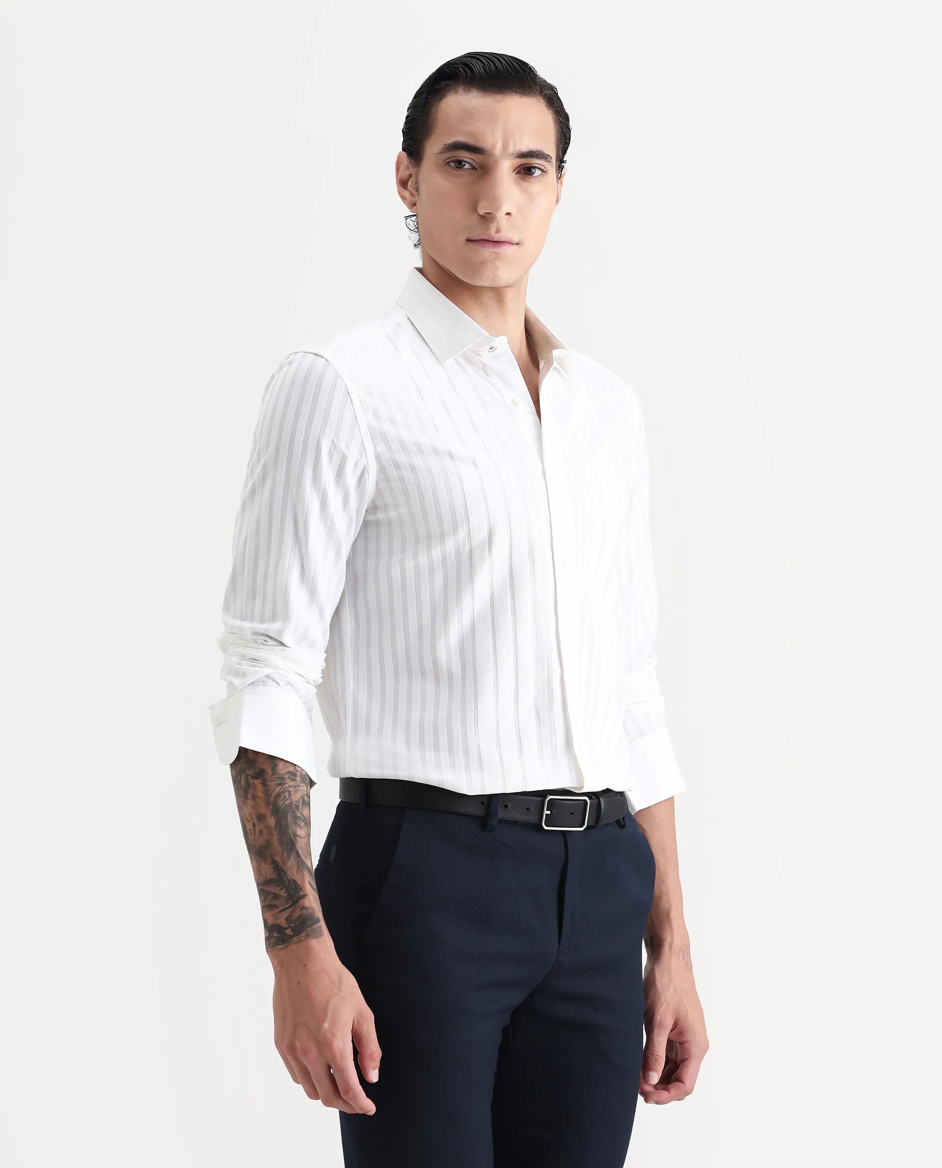 Rare Rabbit Men's Marlin White Cotton Striped Print Regular Fit Full Sleeve Collared Shirt