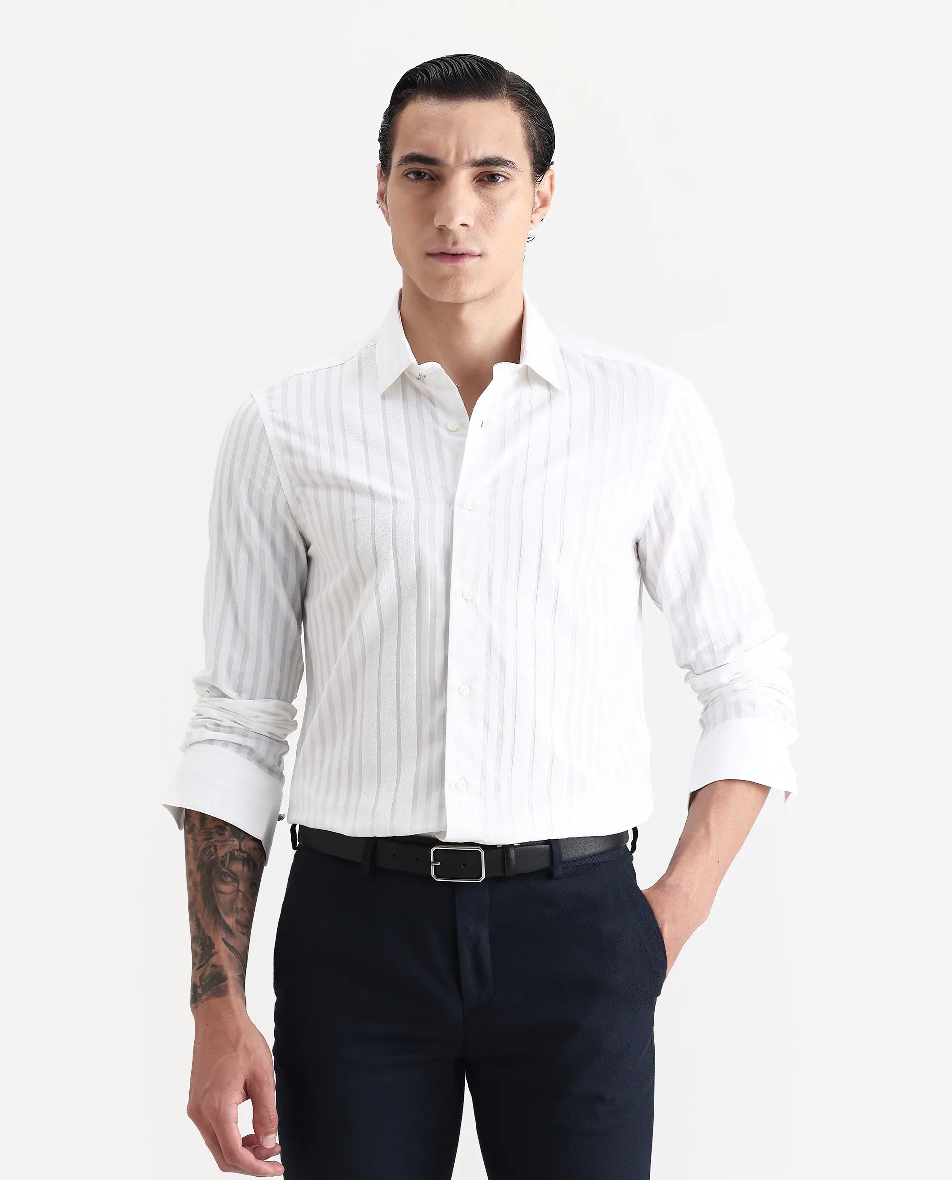 Rare Rabbit Men's Marlin White Cotton Striped Print Regular Fit Full Sleeve Collared Shirt