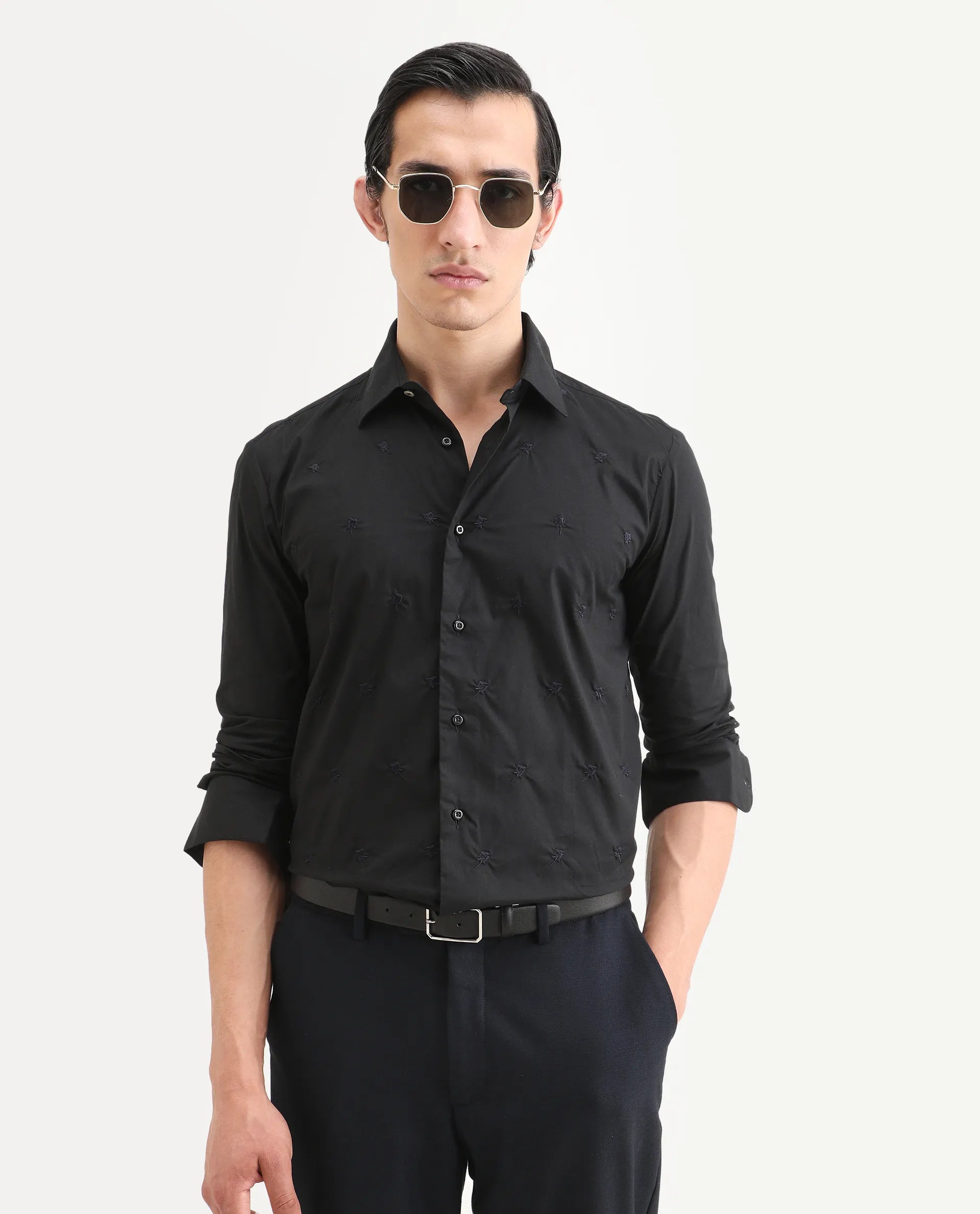 Rare Rabbit Men's Roser Black Cotton Embroidered Regular Fit Full Sleeve Collared Shirt