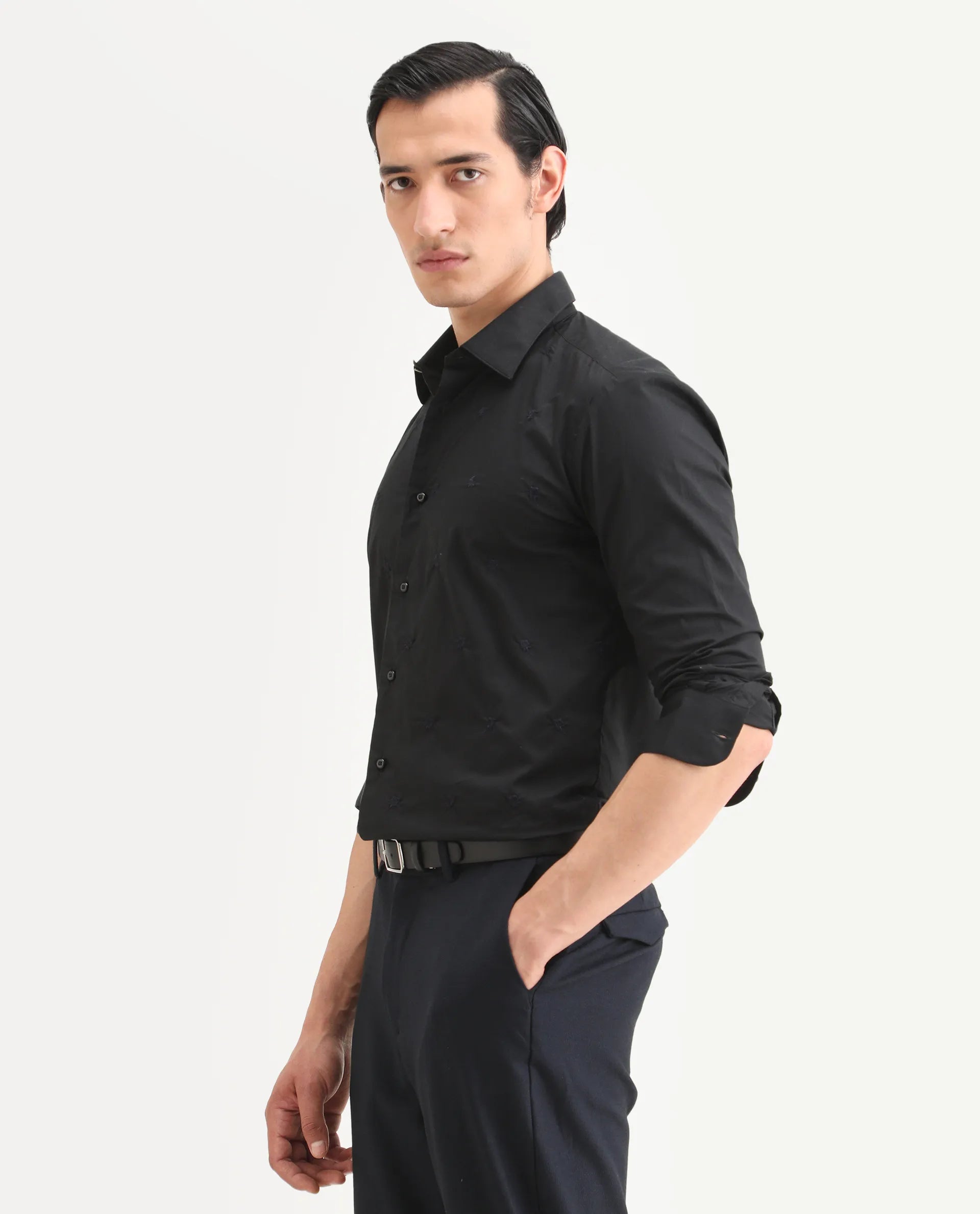 Rare Rabbit Men's Roser Black Cotton Embroidered Regular Fit Full Sleeve Collared Shirt