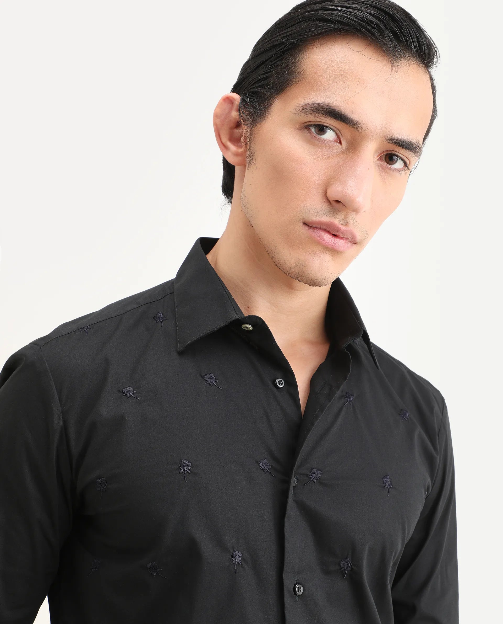 Rare Rabbit Men's Roser Black Cotton Embroidered Regular Fit Full Sleeve Collared Shirt