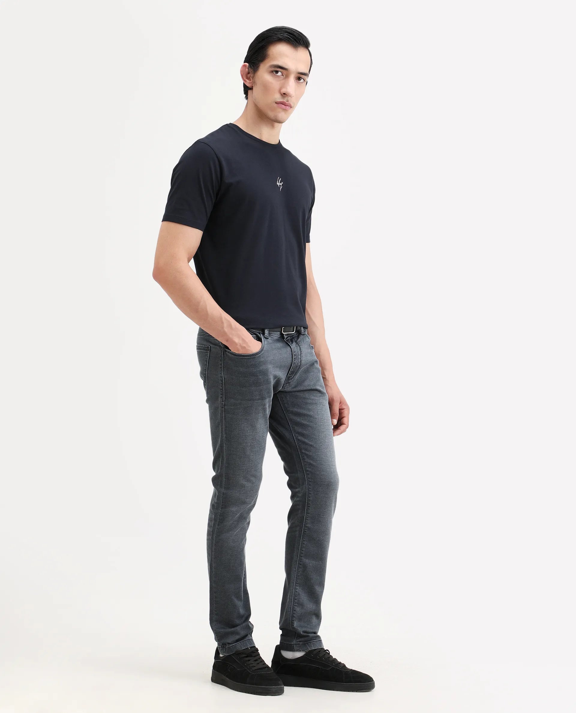 Rare Rabbit Men's Delft Dusky Blue Cotton Plain Hawk Slim Fit Jeans