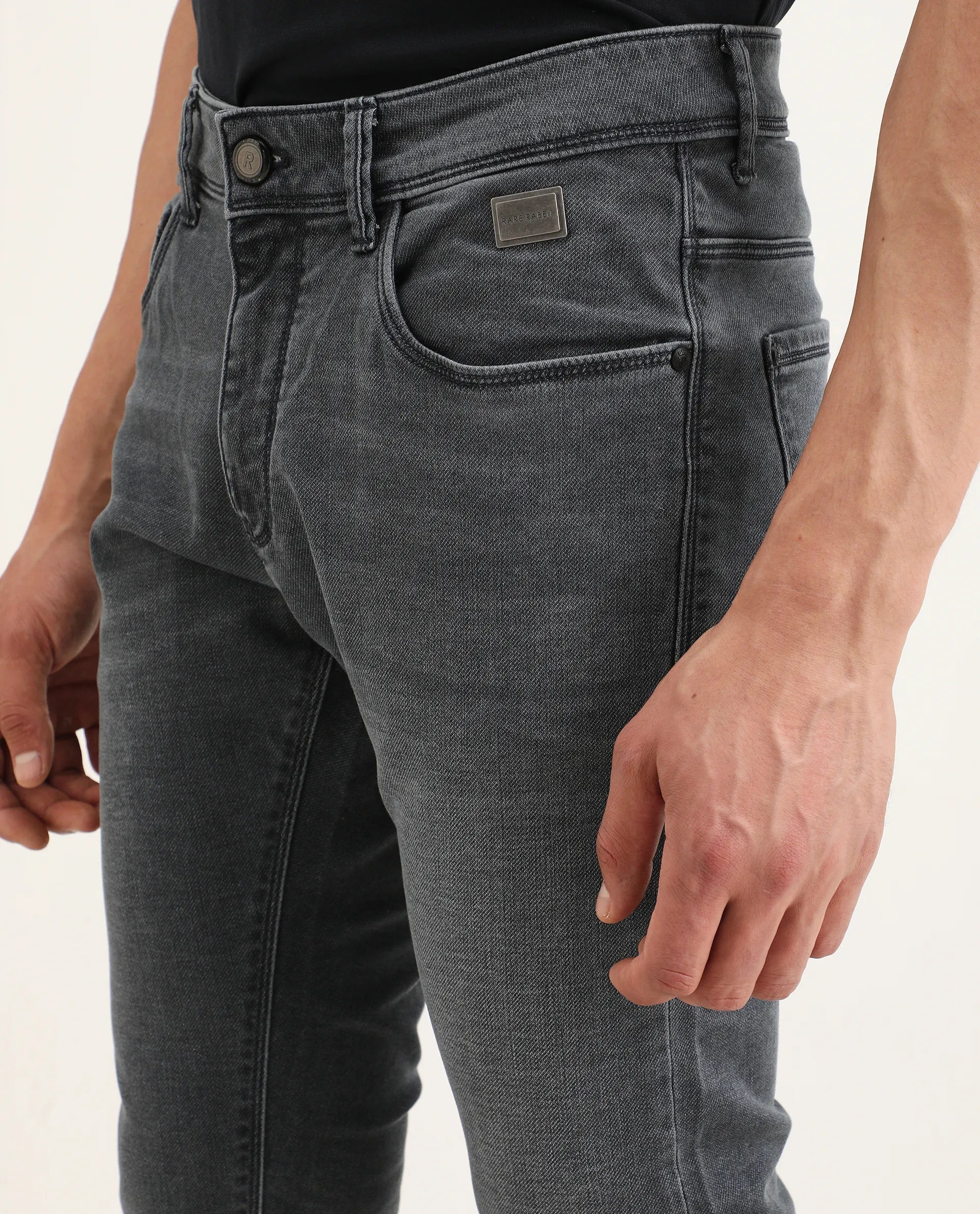 Rare Rabbit Men's Delft Dusky Blue Cotton Plain Hawk Slim Fit Jeans