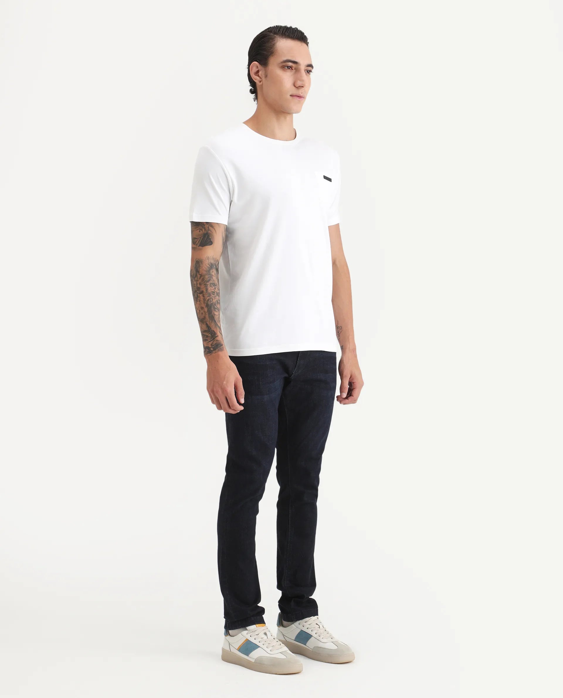 Rare Rabbit Men's Sain Navy Cotton Plain Hawk Slim Fit Jeans