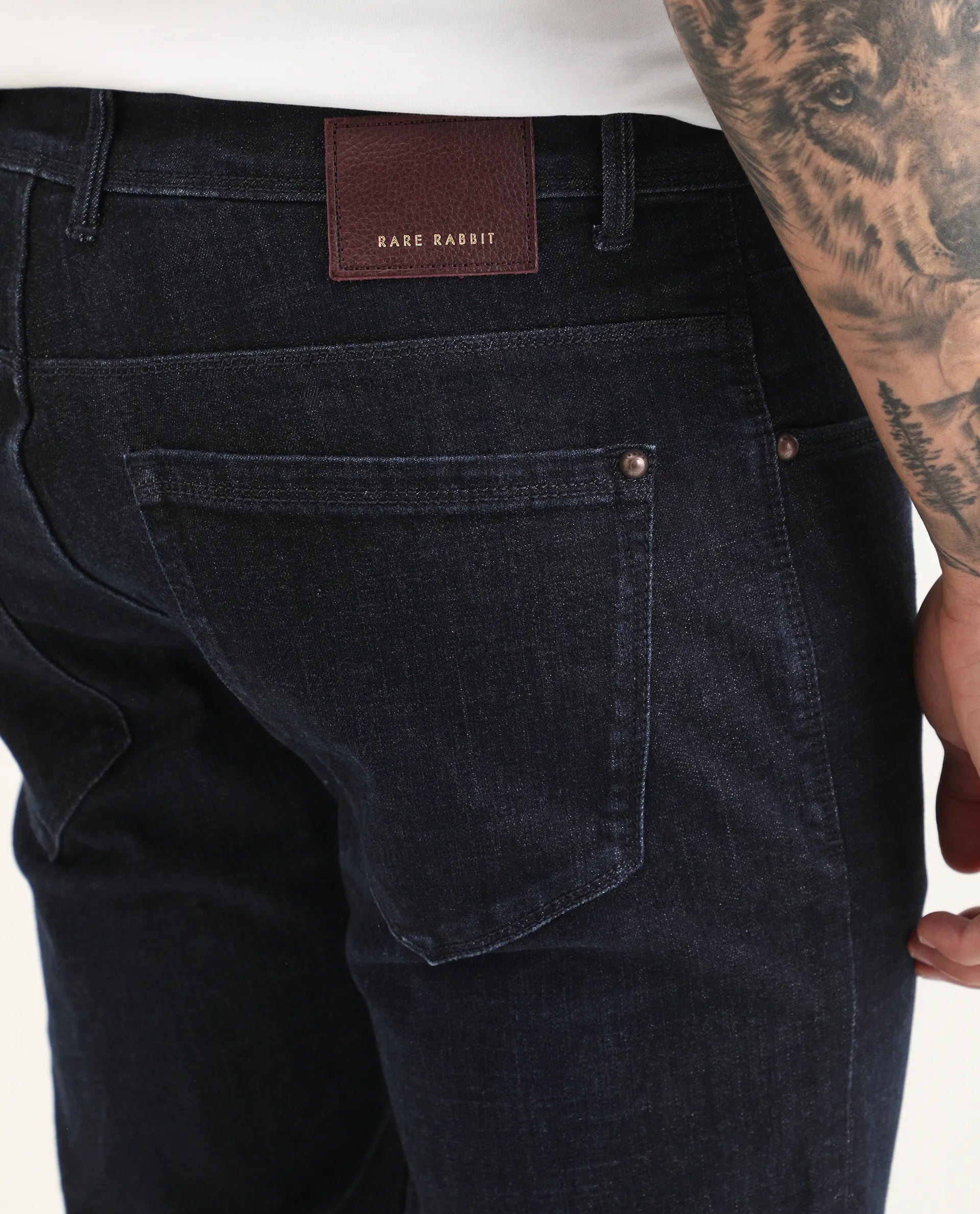 Rare Rabbit Men's Sain Navy Cotton Plain Hawk Slim Fit Jeans