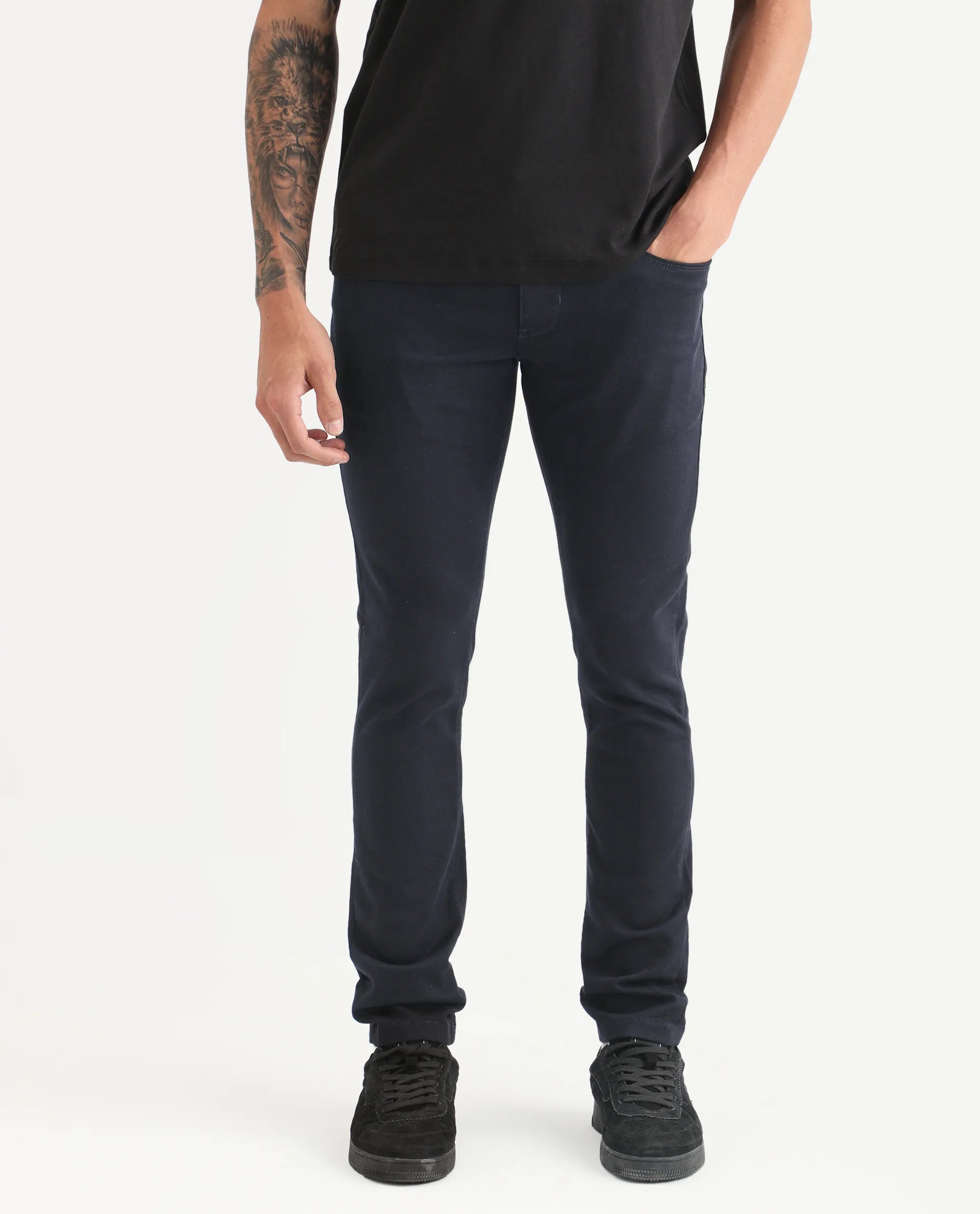 Rare Rabbit Men's Satinx Navy Cotton Plain Hawk Slim Fit Jeans