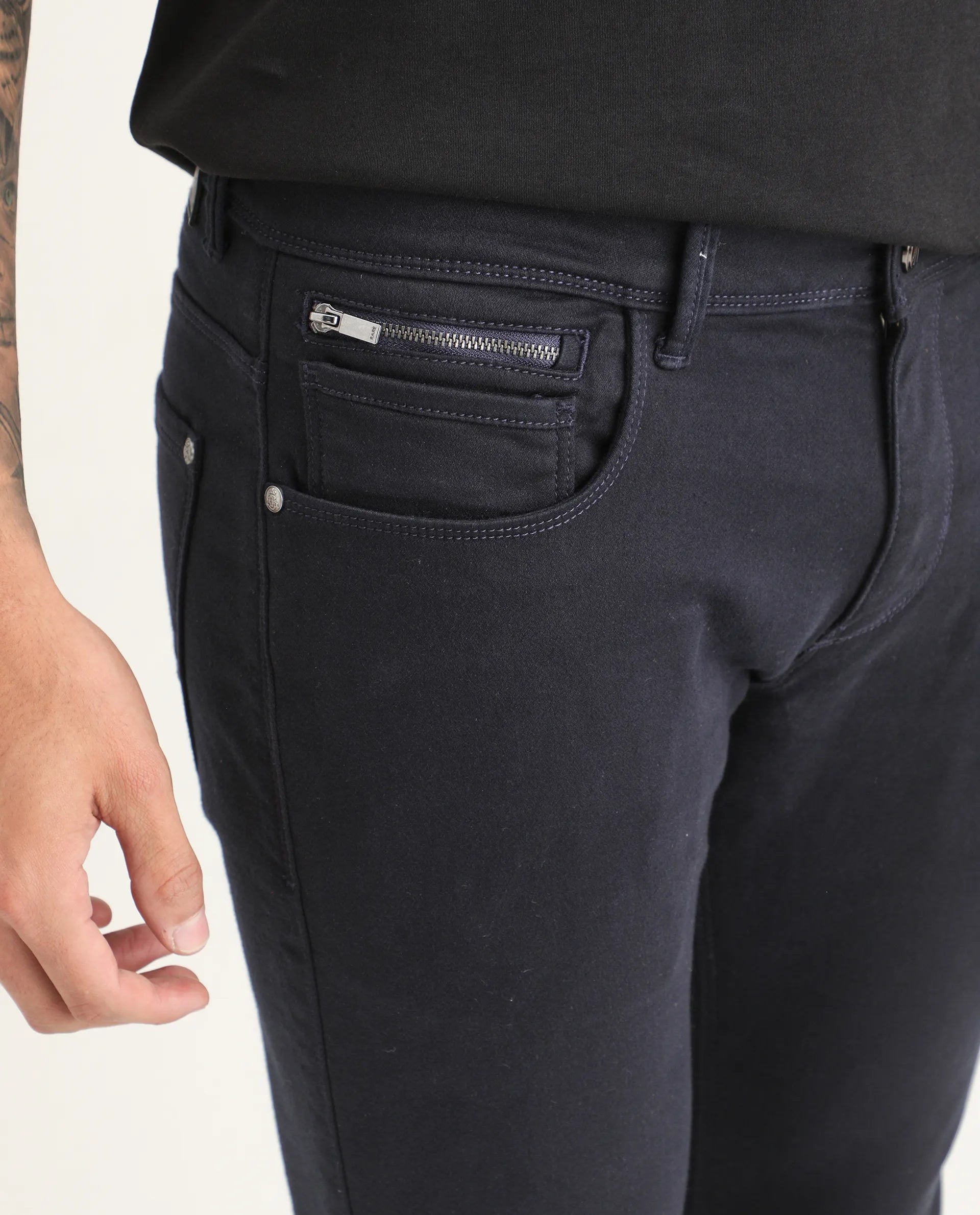 Rare Rabbit Men's Satinx Navy Cotton Plain Hawk Slim Fit Jeans