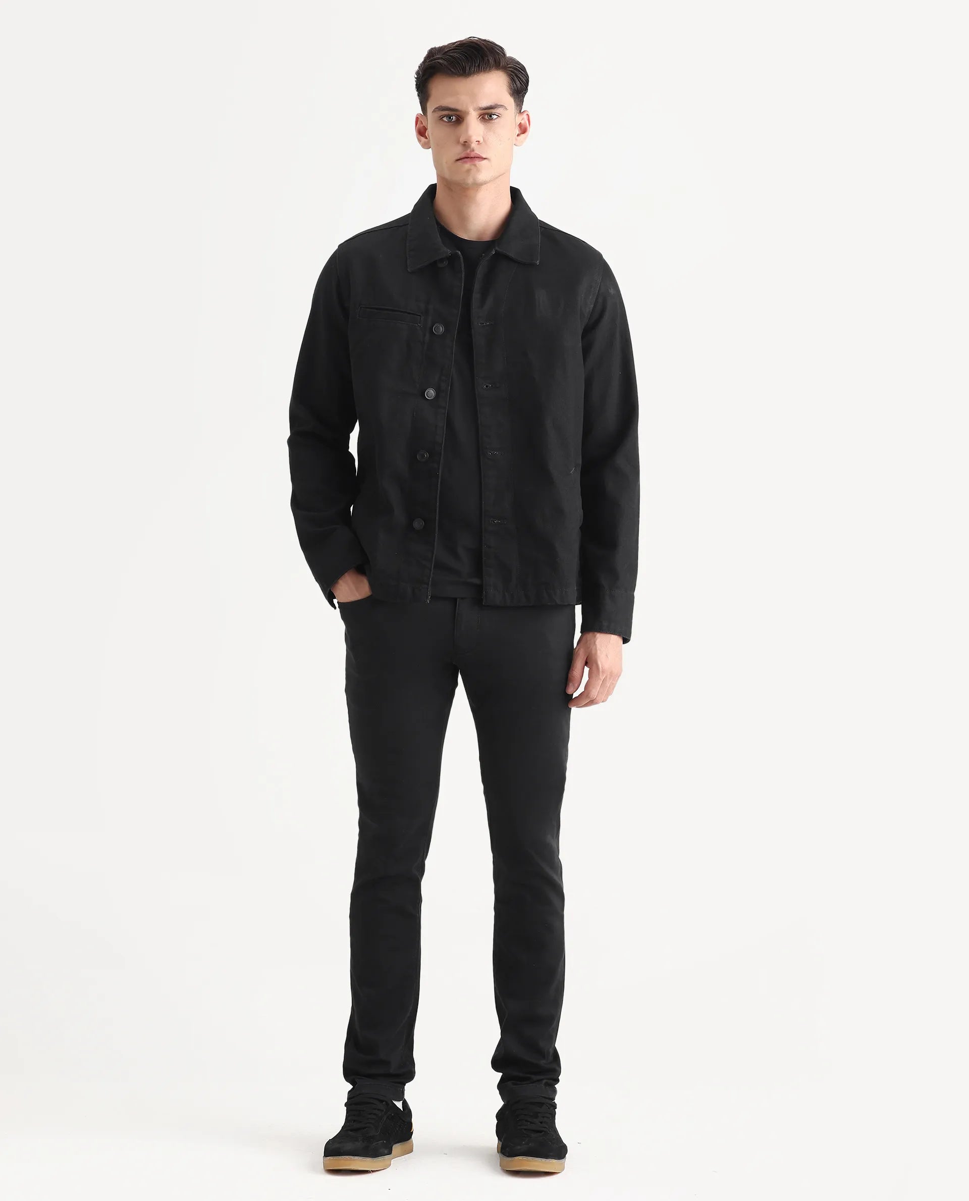 Rare Rabbit Men's Satinx Black Cotton Plain Hawk Slim Fit Jeans